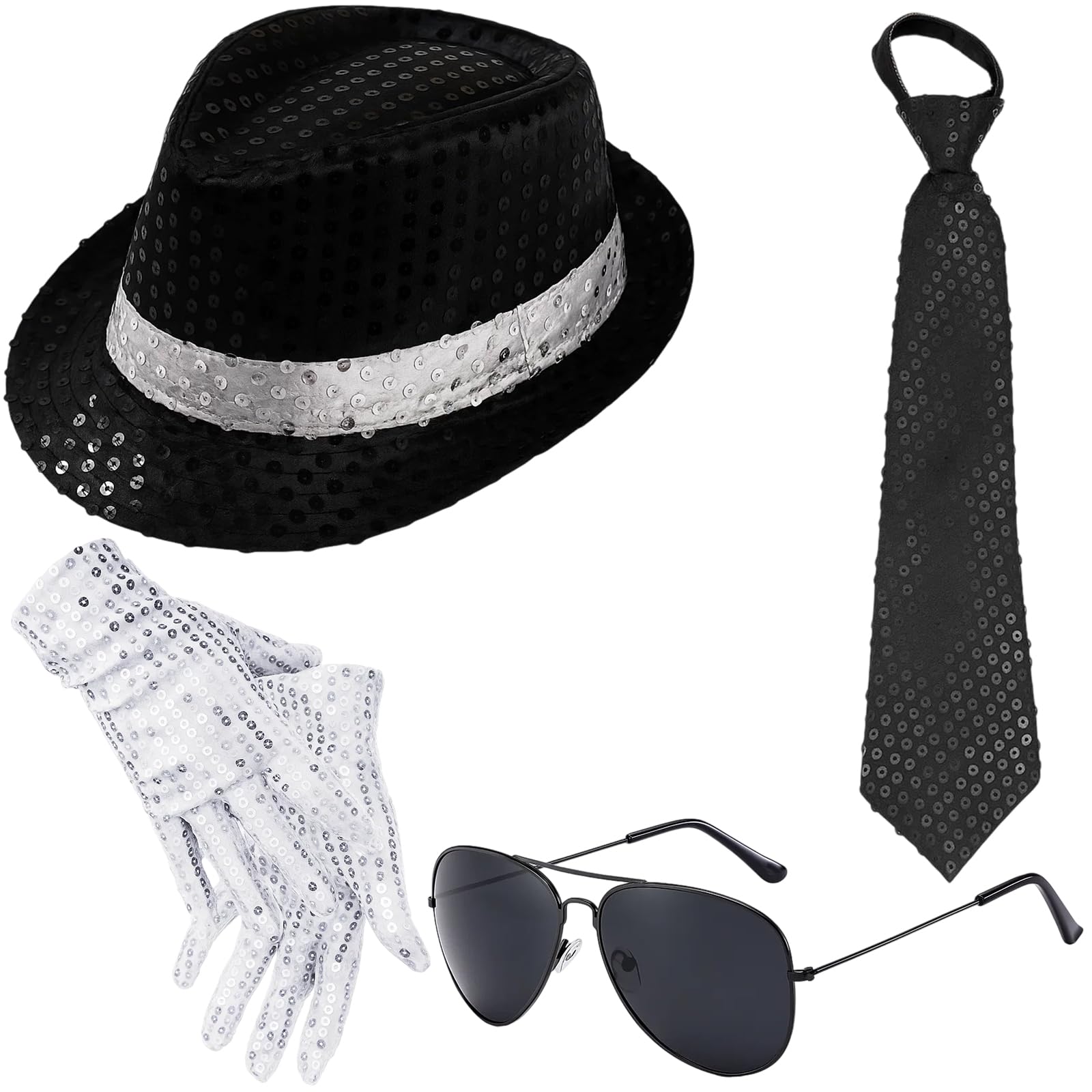 YcsRnn MJ Costume Accessories, 4Pcs 80s Dancer Rocker Star Cosplay Set with Jazz Hat, Gloves, Tie and Sunglasses, King of Pop Fancy Dress for Halloween Party, Dance Performance and Theme Events