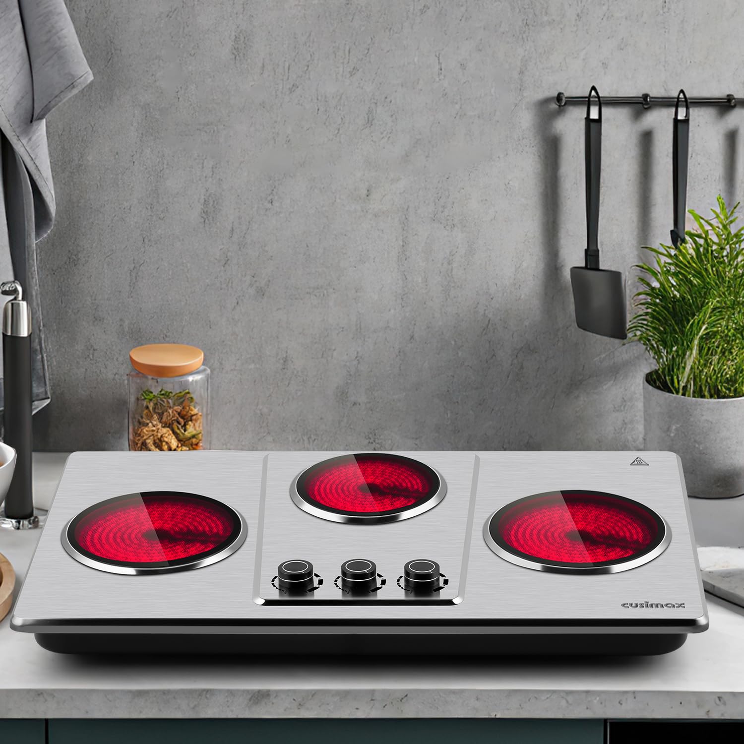 Placa eléctrica eléctrica,Encimera infrarroja triple quemador con cocina de vidrio de cerámica de 7 ″, placa caliente eléctrica para cocinar, ajuste de temperatura de 11 niveles 6