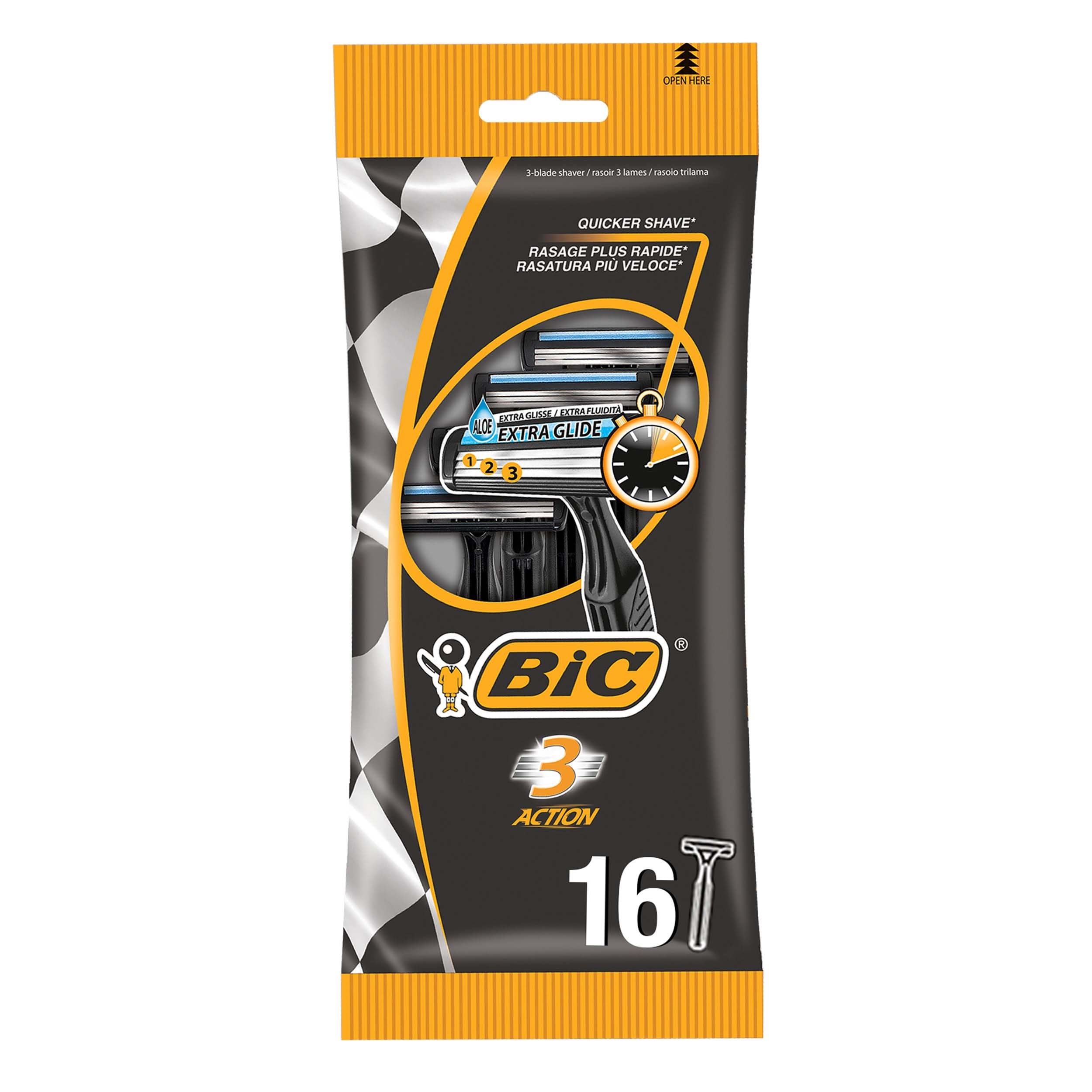 BIC 3 Action Maquinillas de Afeitar Desechables para Hombre, Para Un Afeitado Apurado y Rápido, 4 Paquetes de 4 Cuchillas