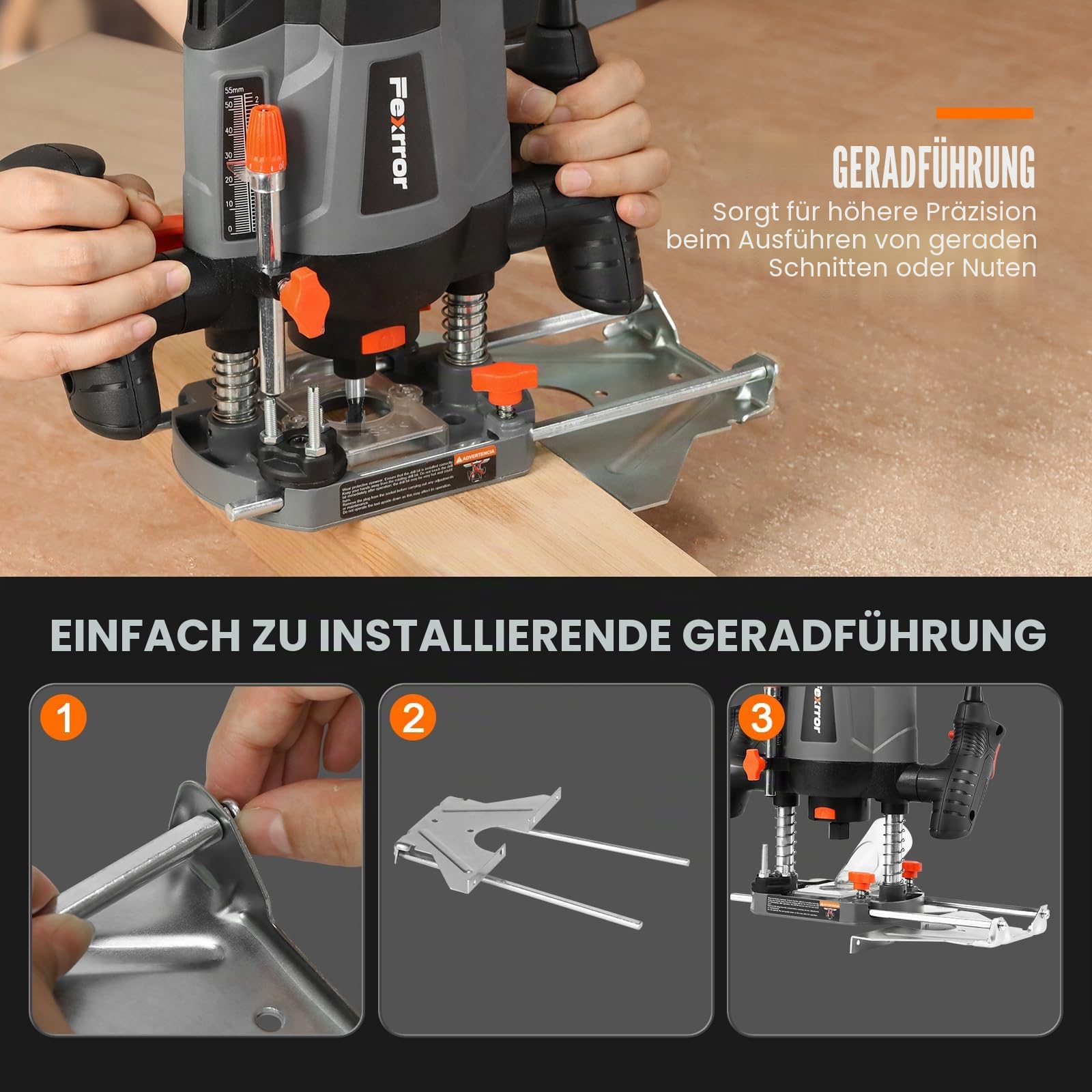 Oberfräse, 1200W Kantenfräse mit 12 Fräsern, 30000 U/min, 55mm Frästiefe, 7 Drehzahlregelung, Parallel Führung, Absaugadapter