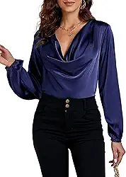 Blusa feminina de cetim e seda drapeada com gola drapeada franzida na frente manga longa para trabalho e escritório