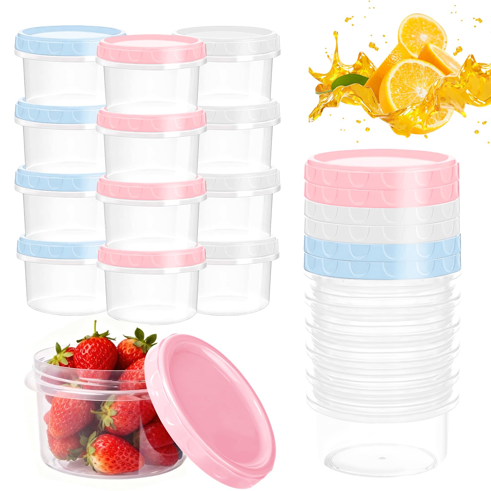 Woobroo 18-Piece Snack Pots Small Food Containers with Lids – Clear (250ml/8oz), Leak-Proof Lids, Thick Reusable Plastic, More Color Options (Pale Three Tones), Dishwasher Microwave Freezer Safe