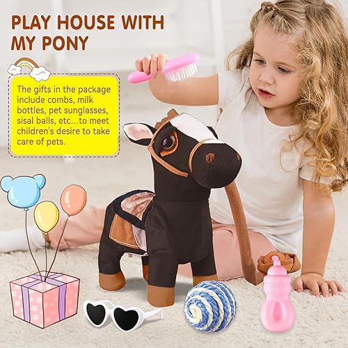 Miniatura 4 de Juguete interactivo de peluche de poni negro que canta bailando musical realista poni mascota, juguete de cabeza de caballo para niños y niñas,