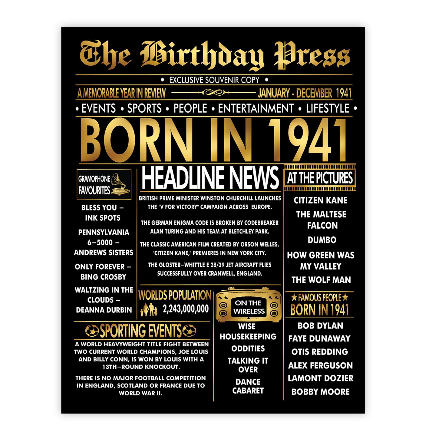 Stuff4 Gold 85th Birthday Poster Unframed - Golden Born In 1941 Newspaper - Happy 85 Birthday for Men Women Retro Vintage Gifts Back In 1941, 8x10 Inch Bday Party Decor Decoration