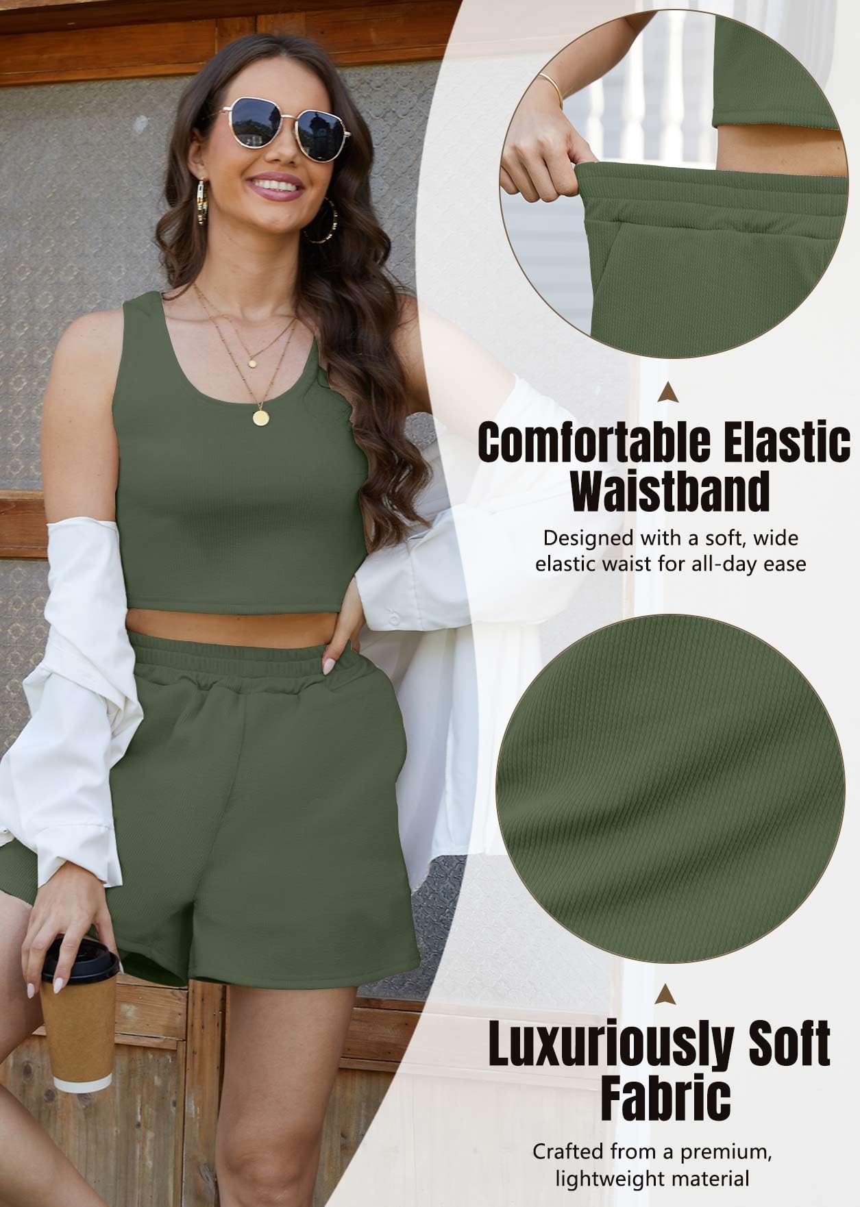 Yutdeng Ensemble Femme 2 Pièces Débardeur sans Manches Crop Top et Short Survêtement Été Tenue Sport Casual Ensembles Décontracté Côtelée Lounge Set Chic Loungewear Plage Jogging Yoga Fitness Outfit