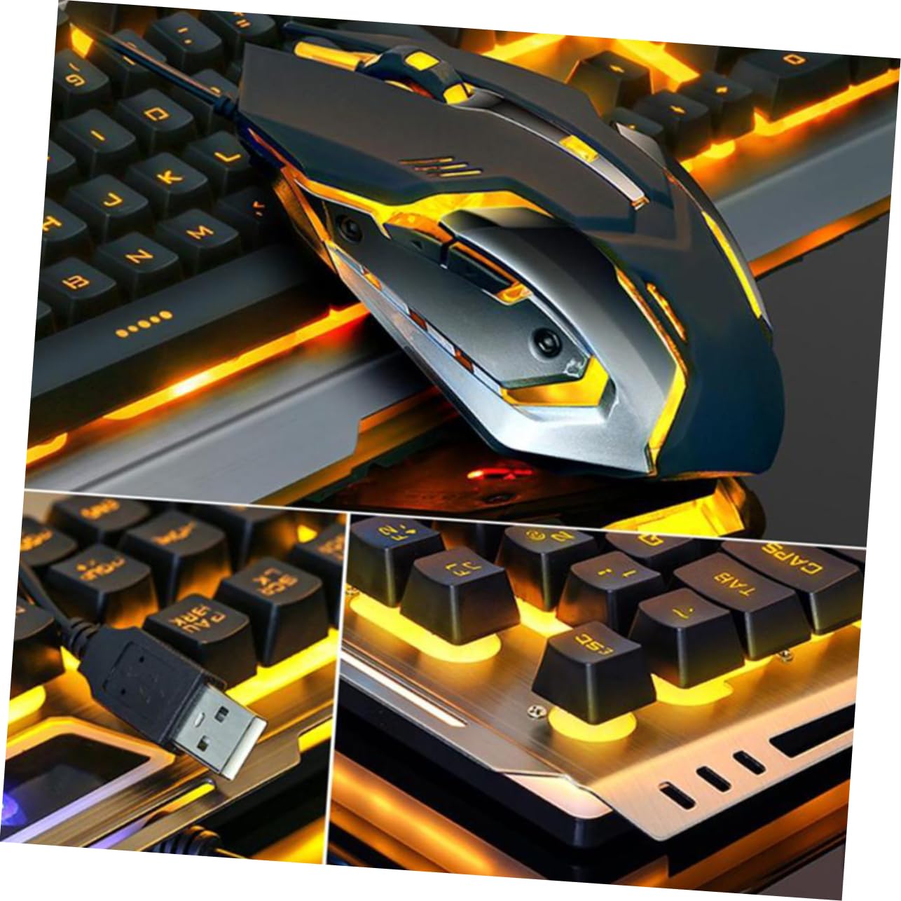 Teclado Mecánico Retro Negro Botón Flotante y Diseño Ergonómico, Kit de Teclado y Ratón Gamer Retroiluminación LED para Juegos