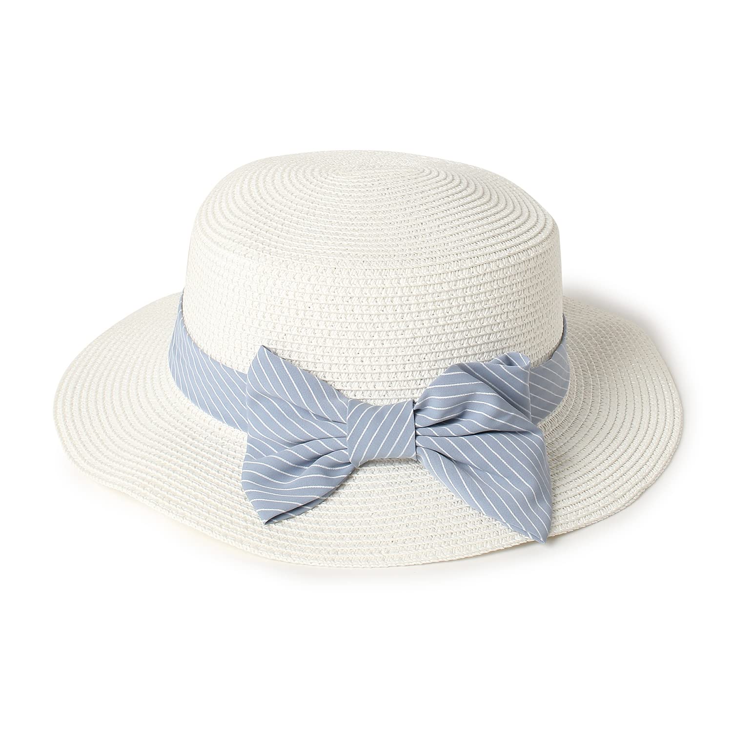 Haute Sauce White Textured Straw Hat with Blue Ribbon Detail Women Outdoor Everyday Wear | UV Protection | Lightweight | Foldable | Packable | Latest Stylish Casual Headwear for Women & Girls 2