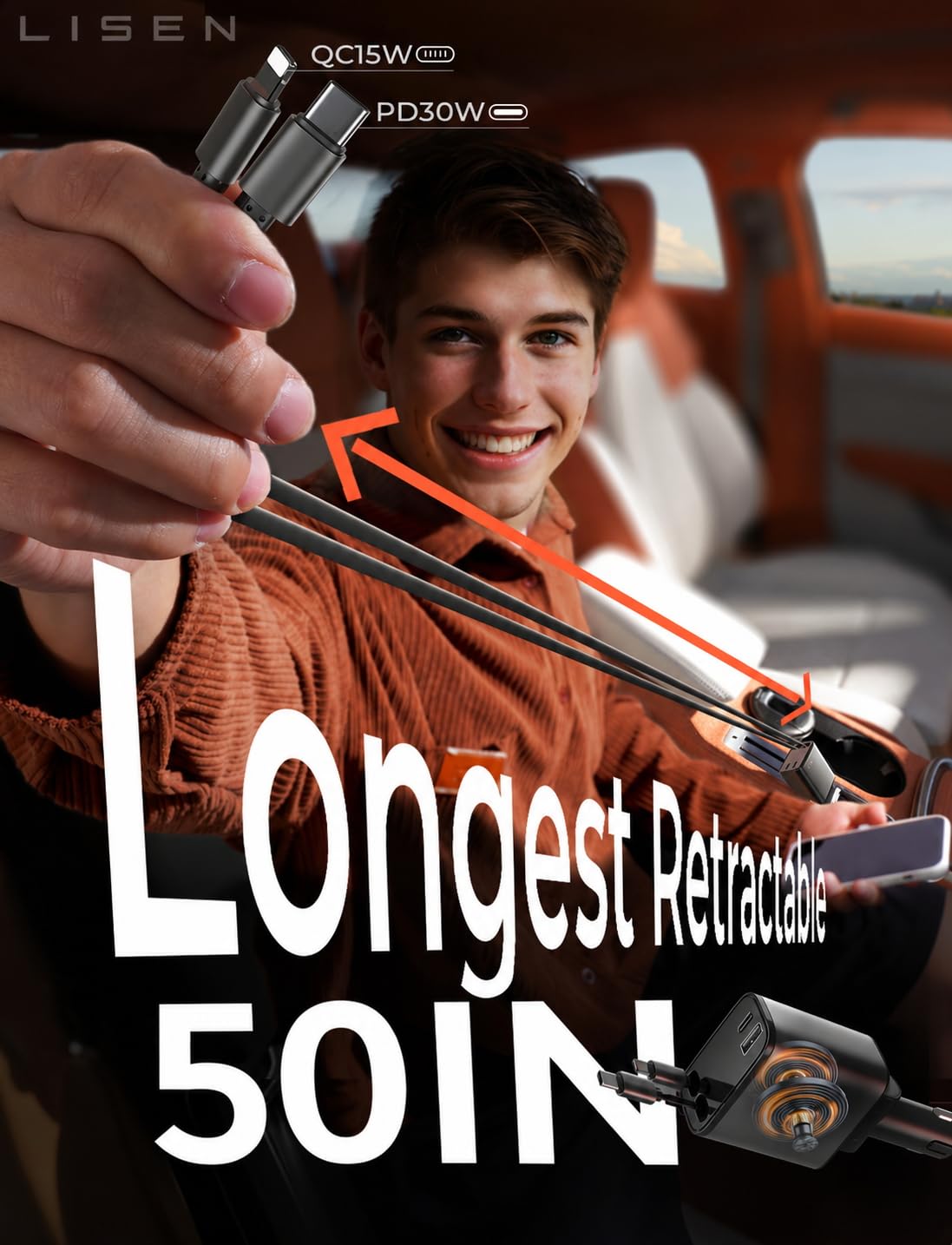 LISEN Retractable Car Charger, [2026 Upgrade 50 inch ] Long 4 in 1 Retractable Cable Car Charger, USB C Car Charger Fast Charging for iPhone 17 16 15 14 13 12 11 X Pro Max Plus Mini, Samsung S26 view 2