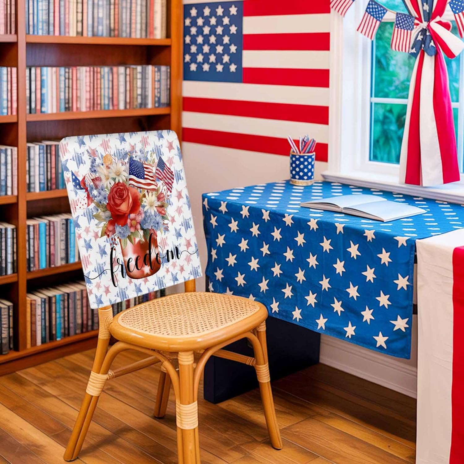 6 Pack 4th of Chair Back Covers July American Flag Patriotic Star Flowers Stretchable Removable Chair Slipcovers Washable Seat Covers for Dining Room Kitchen Restaurant 19 x 18 Inch