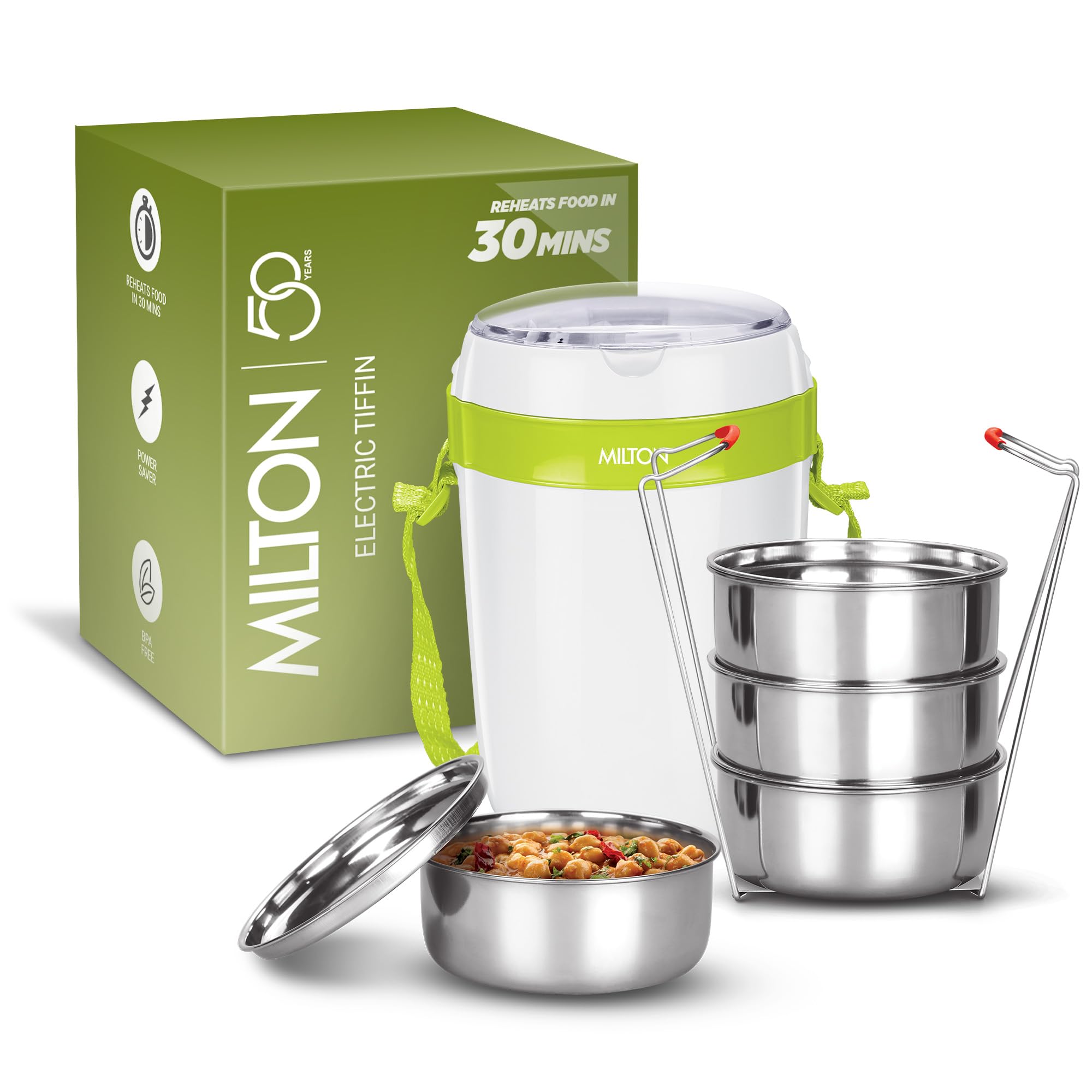 MILTON Futron Portable Electric Lunch Box I 4x360 ml Stainless Steel Leak Proof Containers I Auto Shut Off I Cool Touch Shock Proof Body I Perfect for Office, Hostel, Travel I White