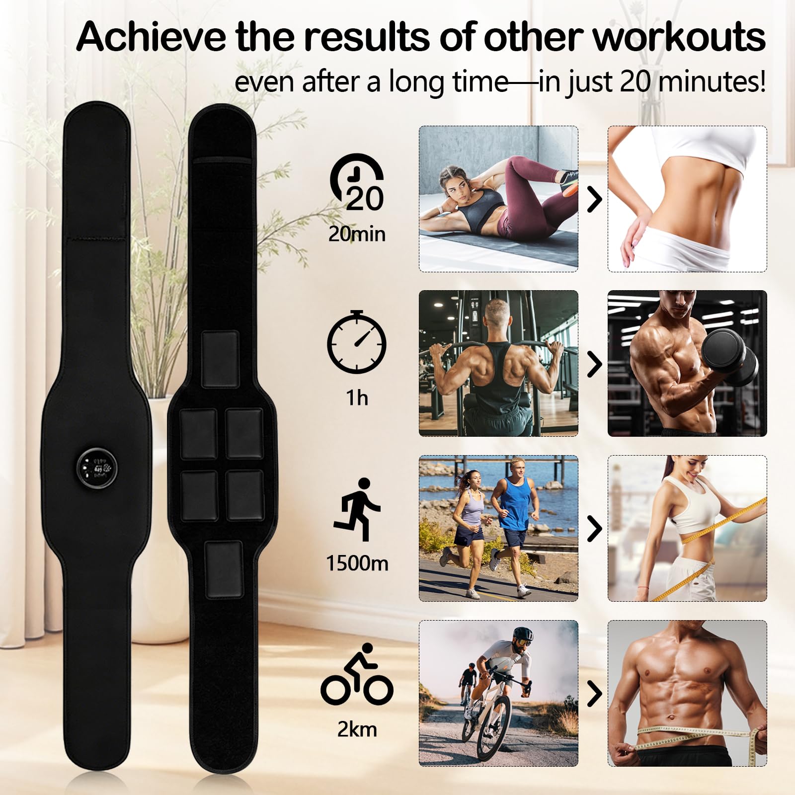 Set di Allenamento EMS Elettrico per Addominali, 3 dispositivi Principali, 2 Pad per Braccia, 1 Cintura, 12 modalità, 19 Livelli di intensità, Unisex, Adatto Anche per Gambe e Schiena