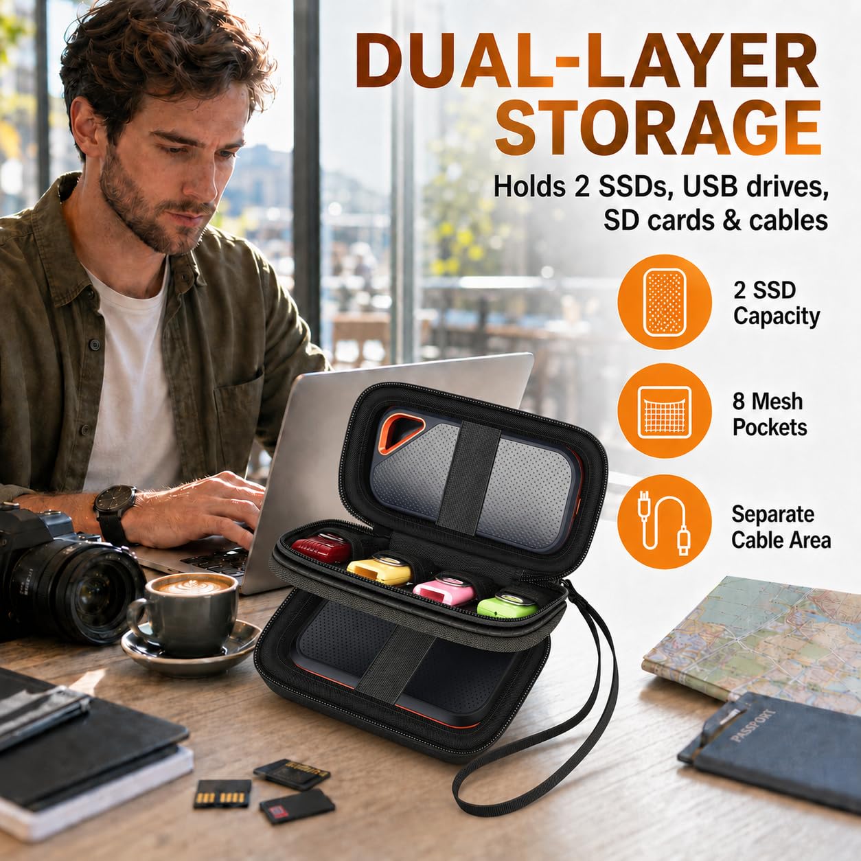 GWCASE Custodia Dual SSD per SanDisk Extreme Portable & Extreme PRO, per Crucial | Adatto per SanDisk 1TB/2TB/4TB/8TB, per Crucial X9 X10 Pro & SD Card Studenti Ufficio Viaggi di lavoro (solo borsa) Nero