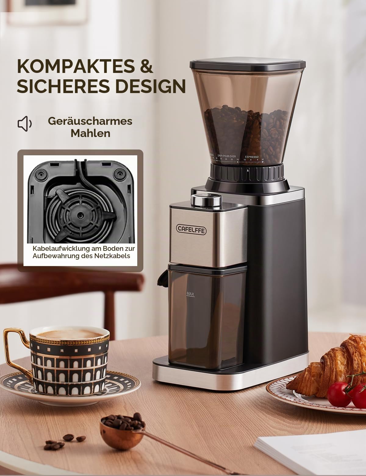 CAFELFFE Elektrische Kaffeemühle für Siebträger und Behälter, 48 einstellbare Mahlstufen mit Antistatik-Funktion für Espresso, Filterkaffee, Pour Over, Cold Brew und French Coffee – ideal für 12 Tasse