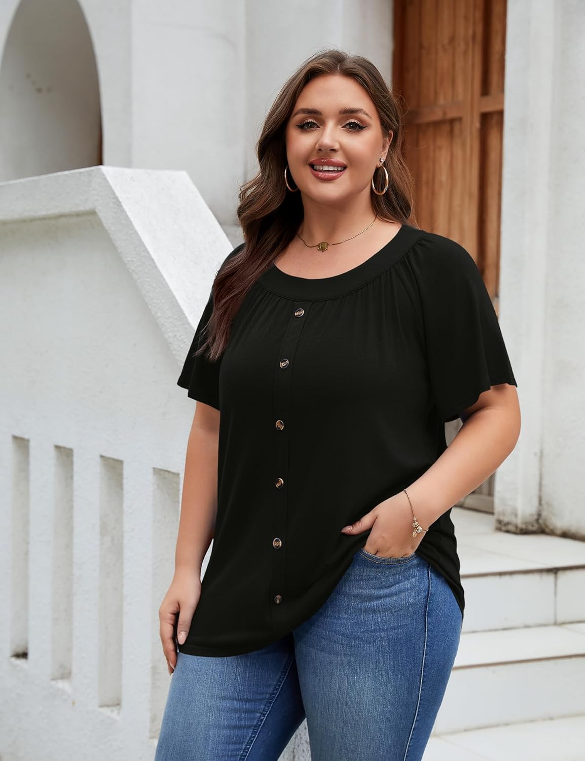 AKEWEI Womens Plus Size Tops 2026 Summer Short Sleeve Pleated Shirts Crew Neck Casual Loose Blouses Tunic XL-5XL - Image 3