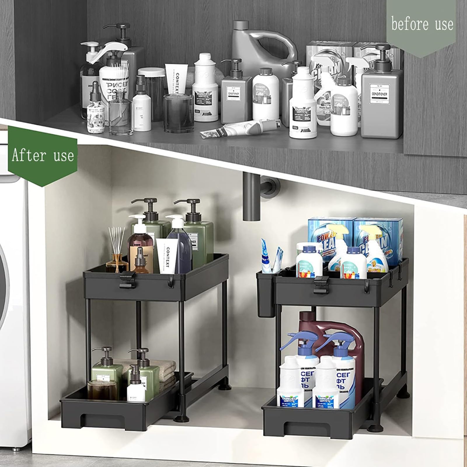 Organisateur de cuisine de rangement sous évier, rangement de cuisine coulissant à 2 niveaux sous étagère d'évier, organisation polyvalente pour cuisine salle de bain, pour placard de cuisine et pla