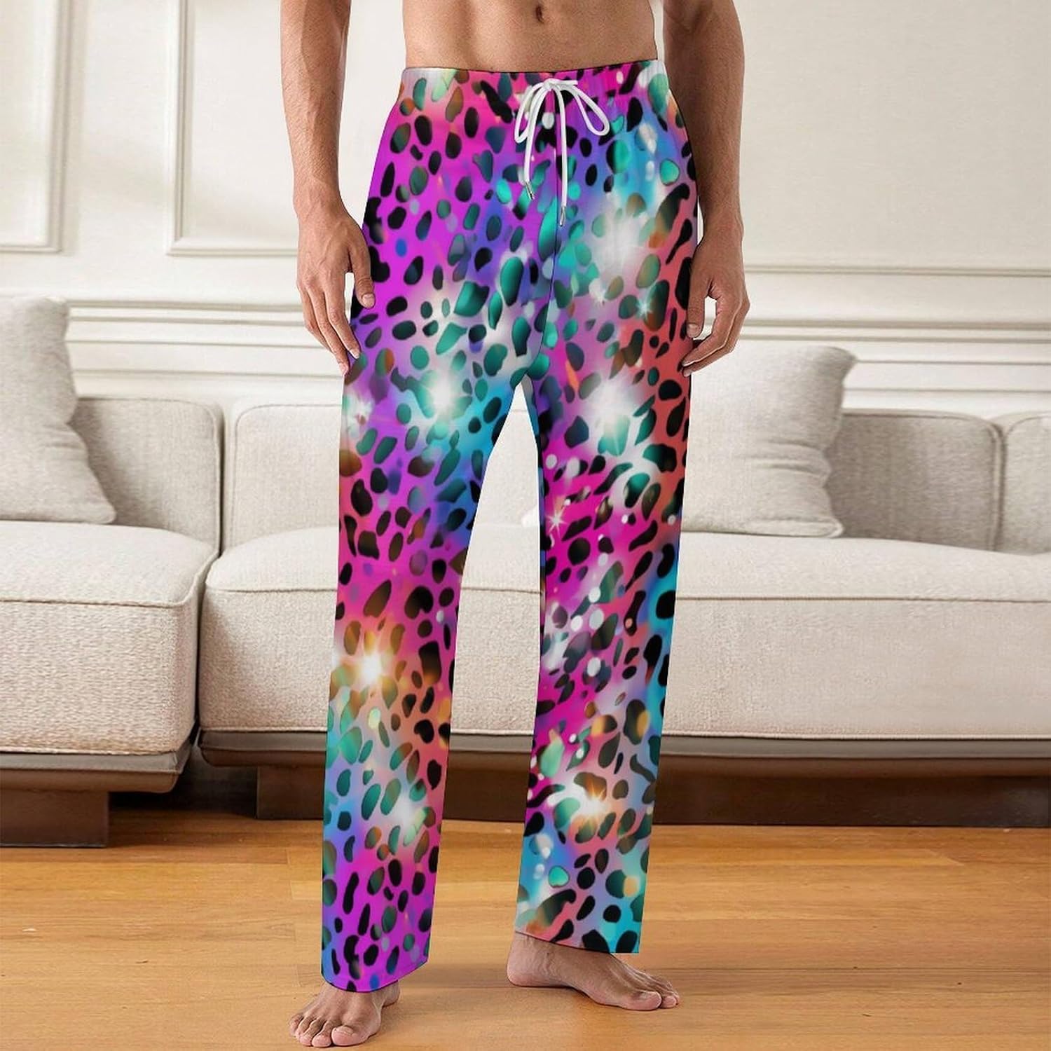 Leopard Rose Pattern Pajama Pants for Men Soft Warm Sleepwear Lounge Bottoms Pants with Pockets