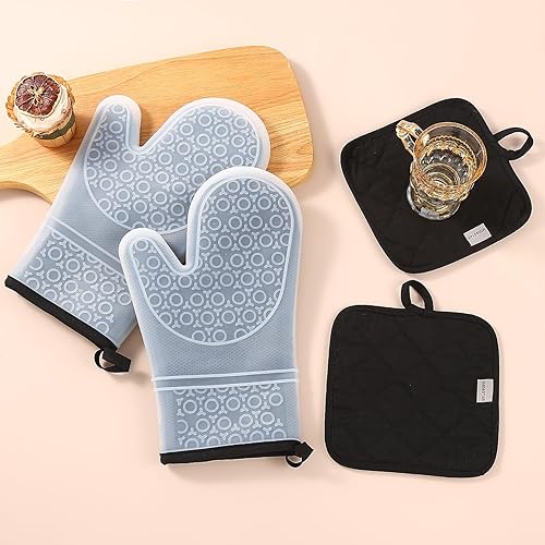 Miniatura 2 de 4 guantes de silicona para horno y soportes para ollas, resistentes al calor hasta 500 F, textura antideslizante, silicona transparente, esencial