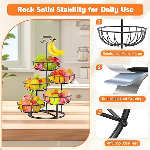 Miniatura 3 de PouHenier.jh Cesta de frutas de 5 niveles para cocina con colgador de plátanos, estante de almacenamiento de verduras de alambre de metal de gran