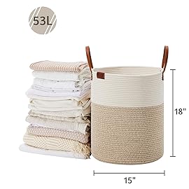 VIPOSCO Tall Laundry Basket, Large Dirty Clothes Hamper with Leather Handle, Woven Rope Storage Basket for Blanket, Toy In Living Room, Bathroom, Bedroom - 53L White & Brown