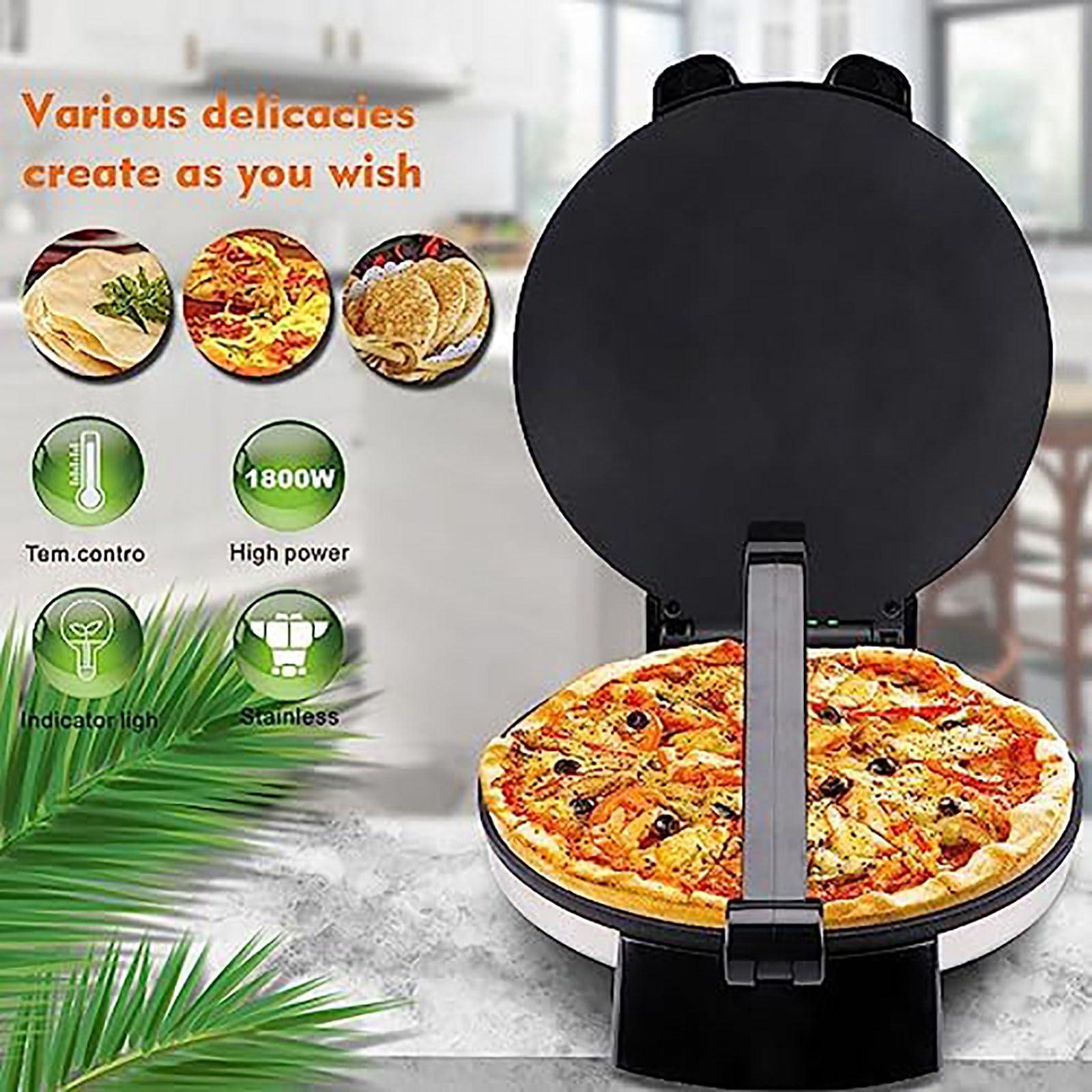 Crepera Antiadherente (12 Pulgadas), Máquina para Hacer Panqueques De 1800 W: Fabricación Pita, Calefacción De Doble Cara + Indicador Led, Haga Chapati/Tortilla FáCilmente
