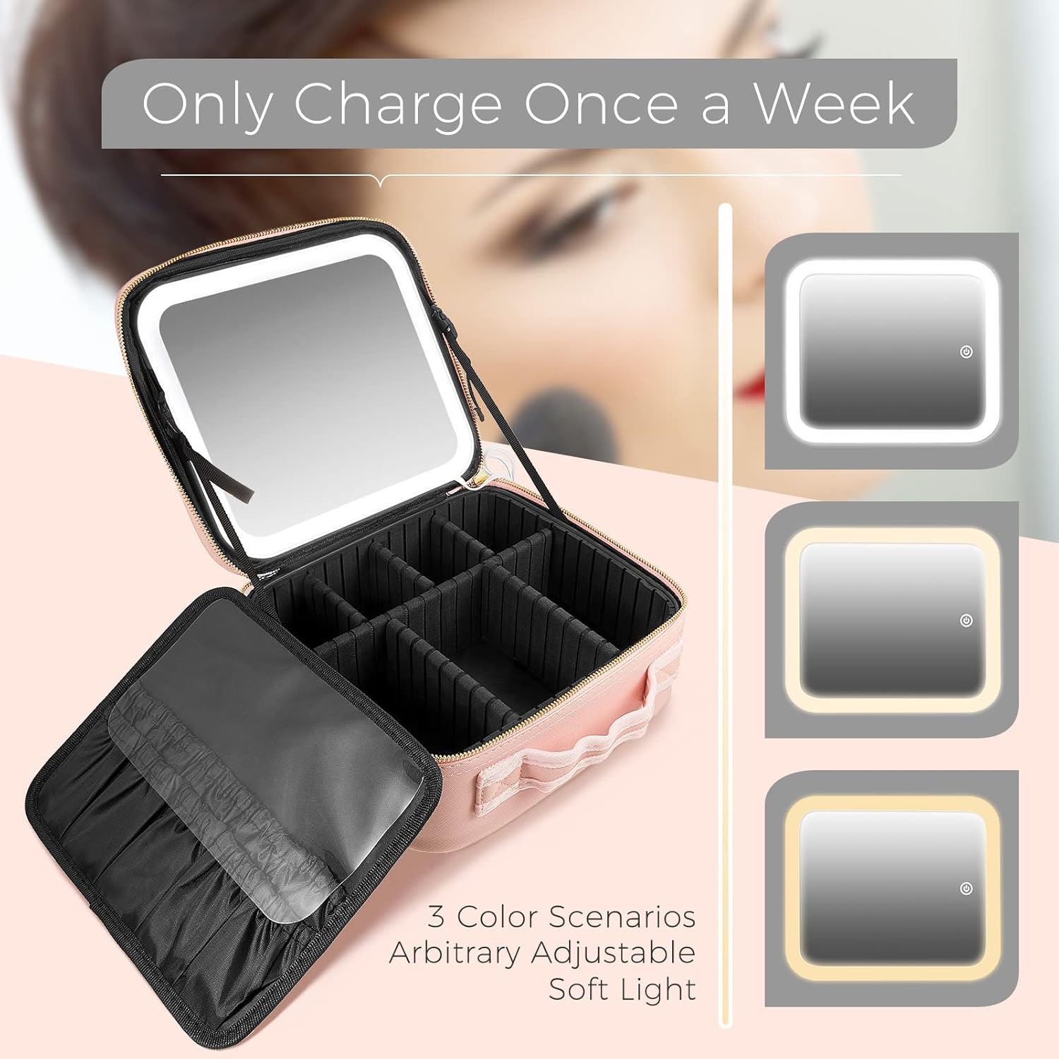 Makeup Train Case Travel Makeup Case Travel Makeup Bag with Lighted Mirror Portable Makeup Bag Organizer 3 Color Settings Makeup Case with Mirror Makeup Bag with Light up Mirror for Women Girl (Pink) : Beauty & Personal Care