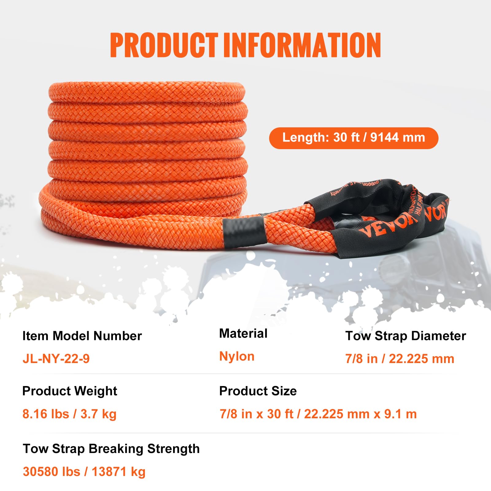 VEVOR Corda da Traino per Recupero Cinetico, Cinghia da Strappo Fuoristrada per Carichi Pesanti Fuoristrada, 22,225 mm x 9,1 m, 13871 kg, Nylon, Cinghia per Strappi Resistente Jeep Auto Camion SUV