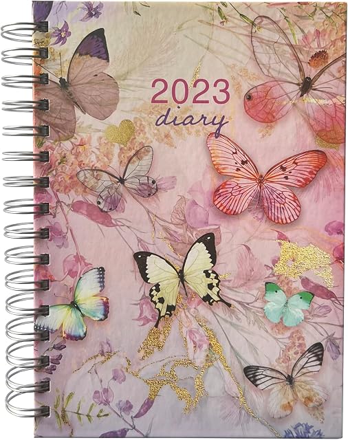 2023 Wiro Spiral Bound A5 Day to View Page a Day Diary - Pink Butterfly Organiser Planner