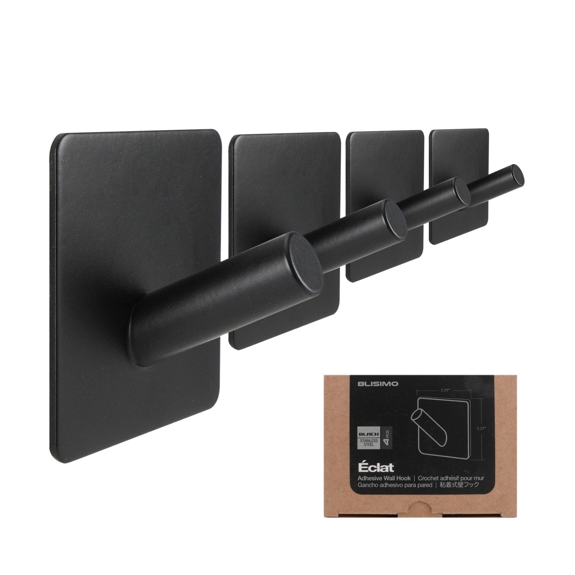 BLISIMO Heavy Duty Adhesive Hooks. Sticky Wall Hook for Towel, Coat, Loofah. Damage Free Removal. Water/Rust Proof for Bathroom, Shower, Kitchen, Office. (Matte Black/Stainless Steel / 4-Pack)