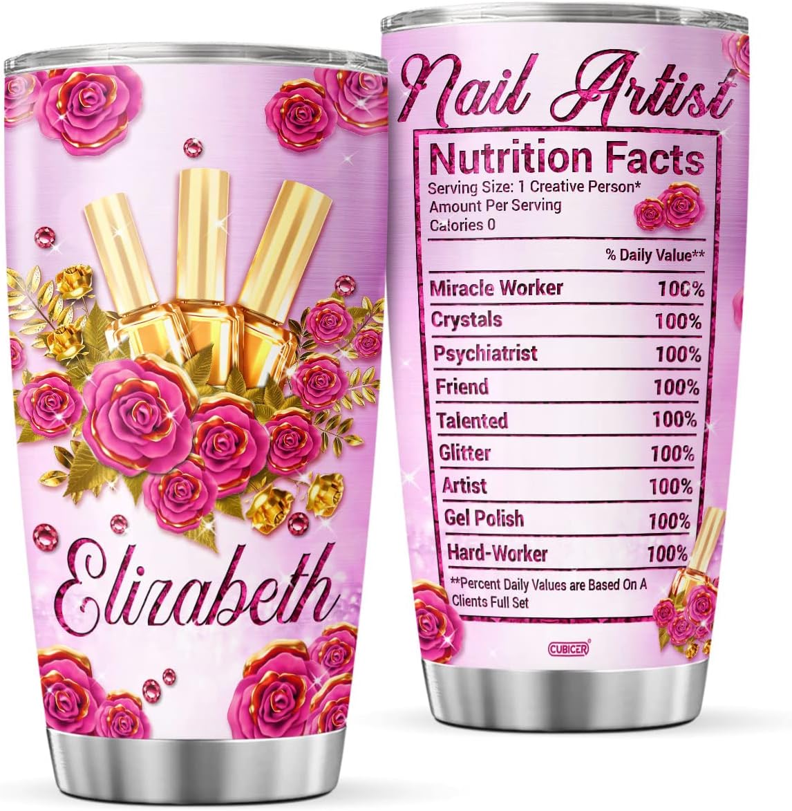 CUBICER Personalized Coffee Tumbler Nail Artist Nutrition Facts Custom Name Birthday Gifts For Women Girls Boys Kids Teens Insulated Cup Travel Mug With Lid Stainless Steel Cups