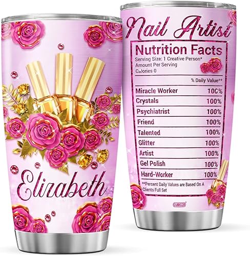 Vaso de café personalizado para artistas de uñas, información nutricional, nombre personalizado, regalos de cumpleaños para mujeres, niñas, niños,