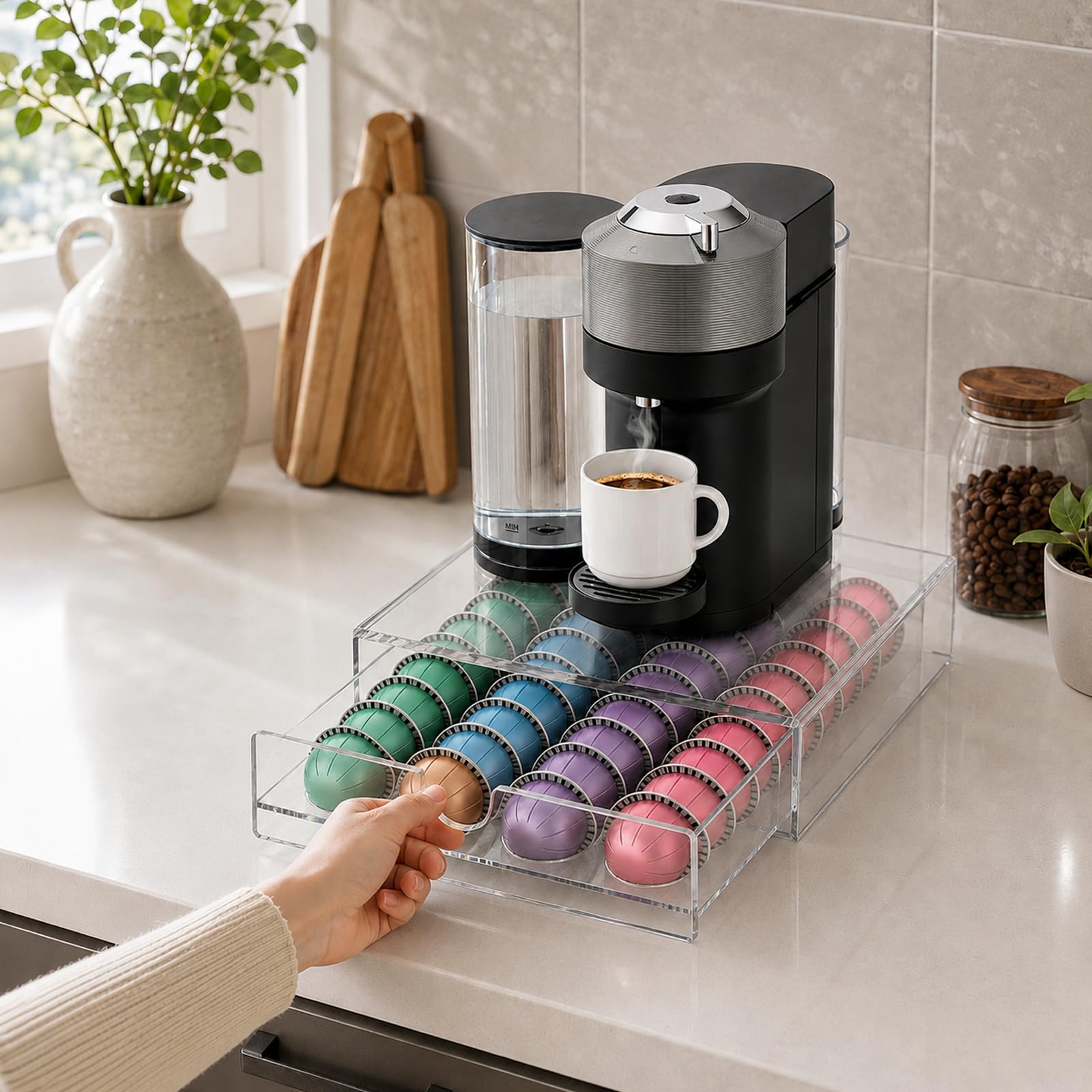Soporte acrílico para cápsulas de café, 40 soportes transparentes para cápsulas Nespresso Vertuo, dispensador de cajones de cápsulas que ahorra espacio, soporte para máquina de café para