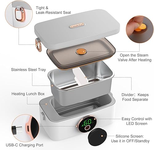 Miniatura 5 de Lonchera eléctrica inalámbrica de 1 litro, lonchera recargable con calefacción y autocalentamiento con cubiertos y bolsa de almuerzo aislada,