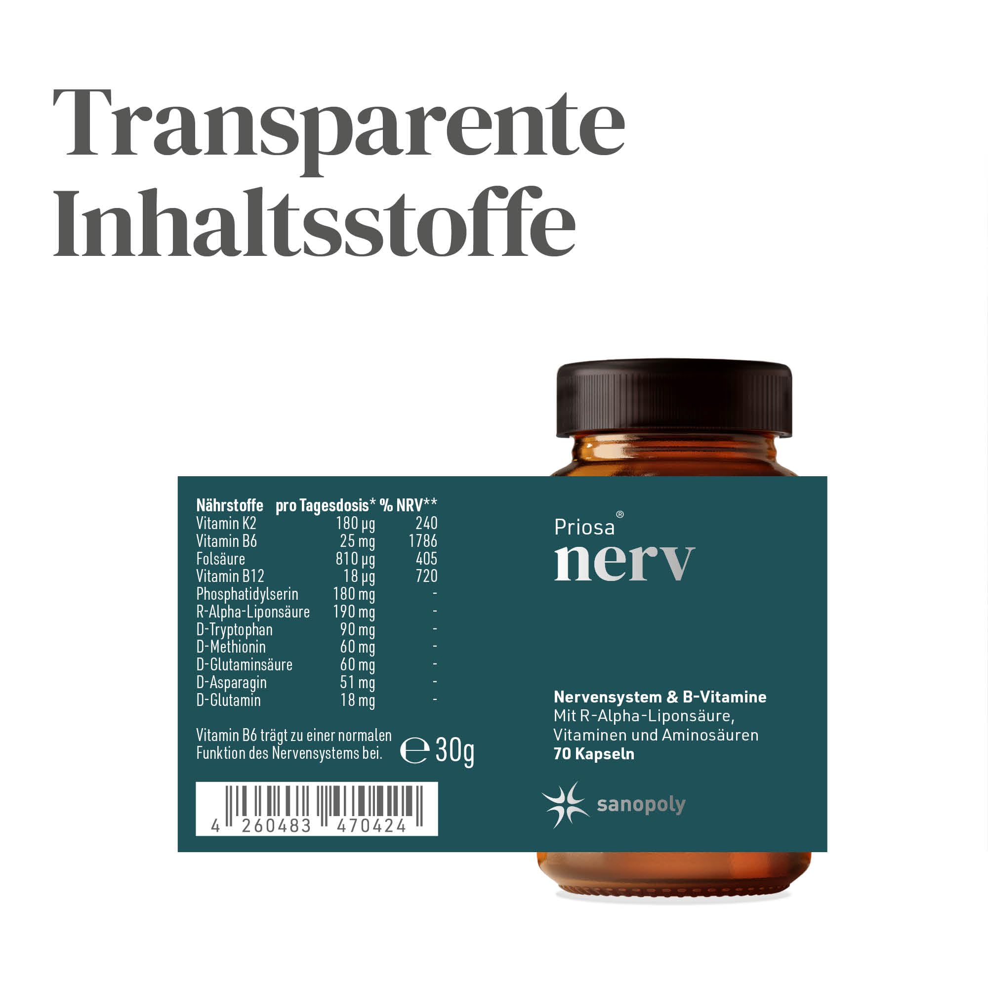 Priosa nerv I 70 Vitamin Kapseln zur Unterstützung der Funktion des Nervensystems I Nahrungsergänzungsmittel mit Vitamin B6 & Vitamin B12