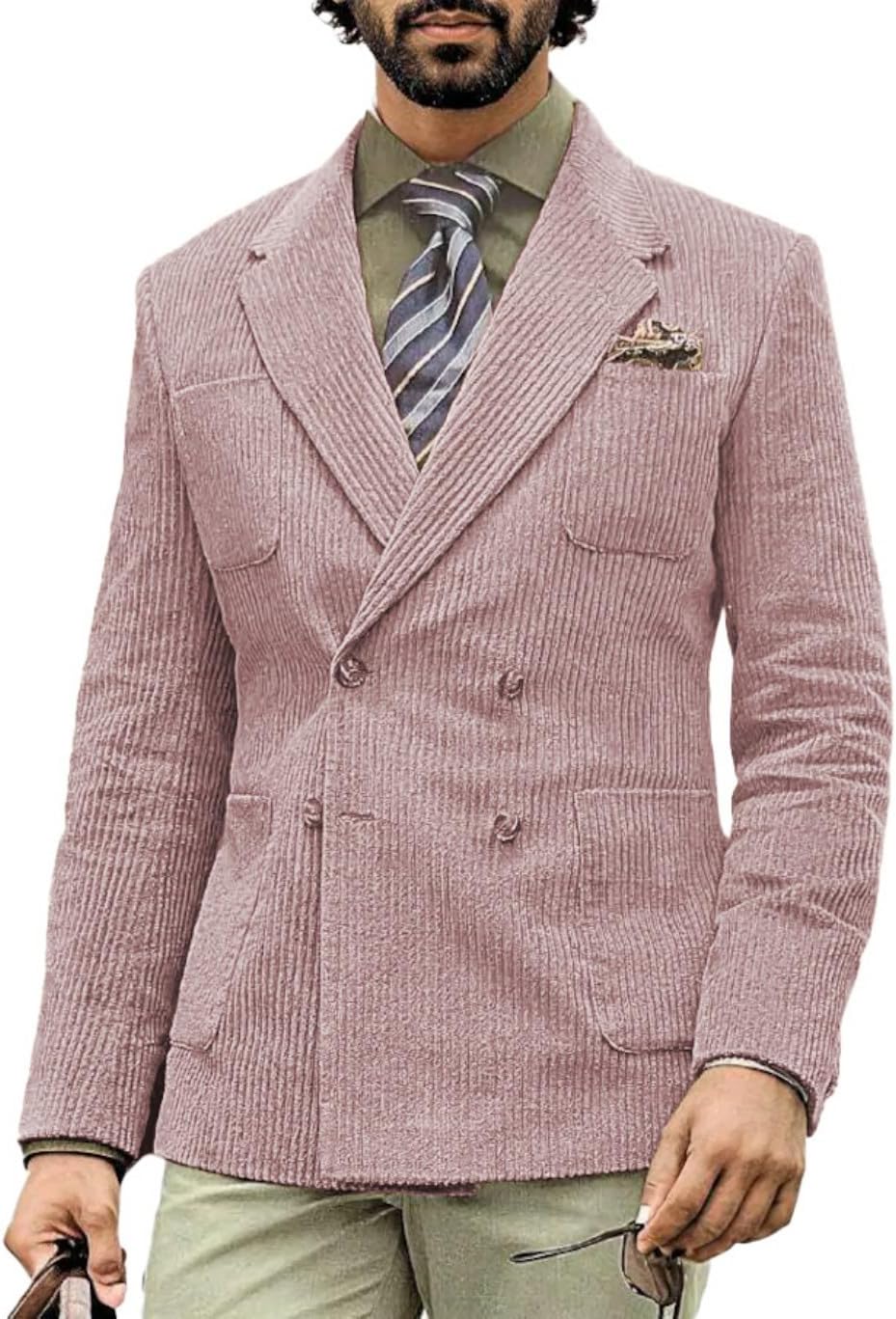 Mens Corduroy Blazer Peak Lapel Jacket Double Breasted Jacket Prom Formal Business Wedding Tuxedo Blazers