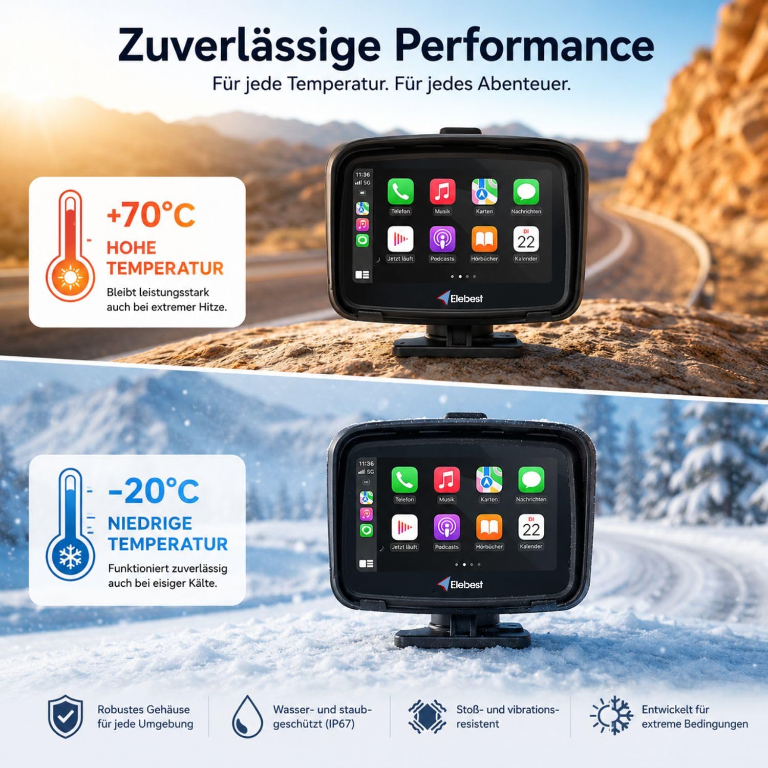 Elebest Motorrad-Navi C650 – Wasserdichtes 5" Navigationssystem mit Wireless CarPlay & Android Auto, Bluetooth, FM-Transmitter & Touchscreen für Motorrad & Auto