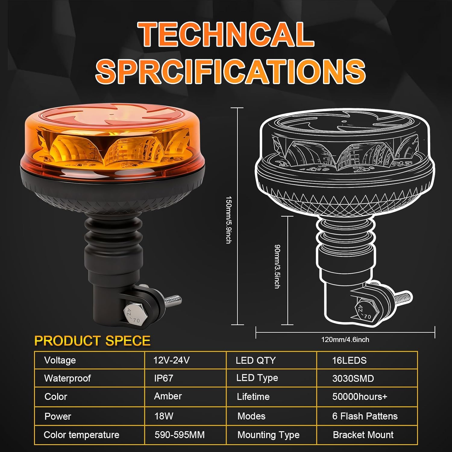 Amber LED Rotating Beacon Light, Flashing Warning Light with 6 Modes, 12-24V Emergency Strobe Lights for Trucks Vehicles Construction IP67 Waterproof (Pole Mount)