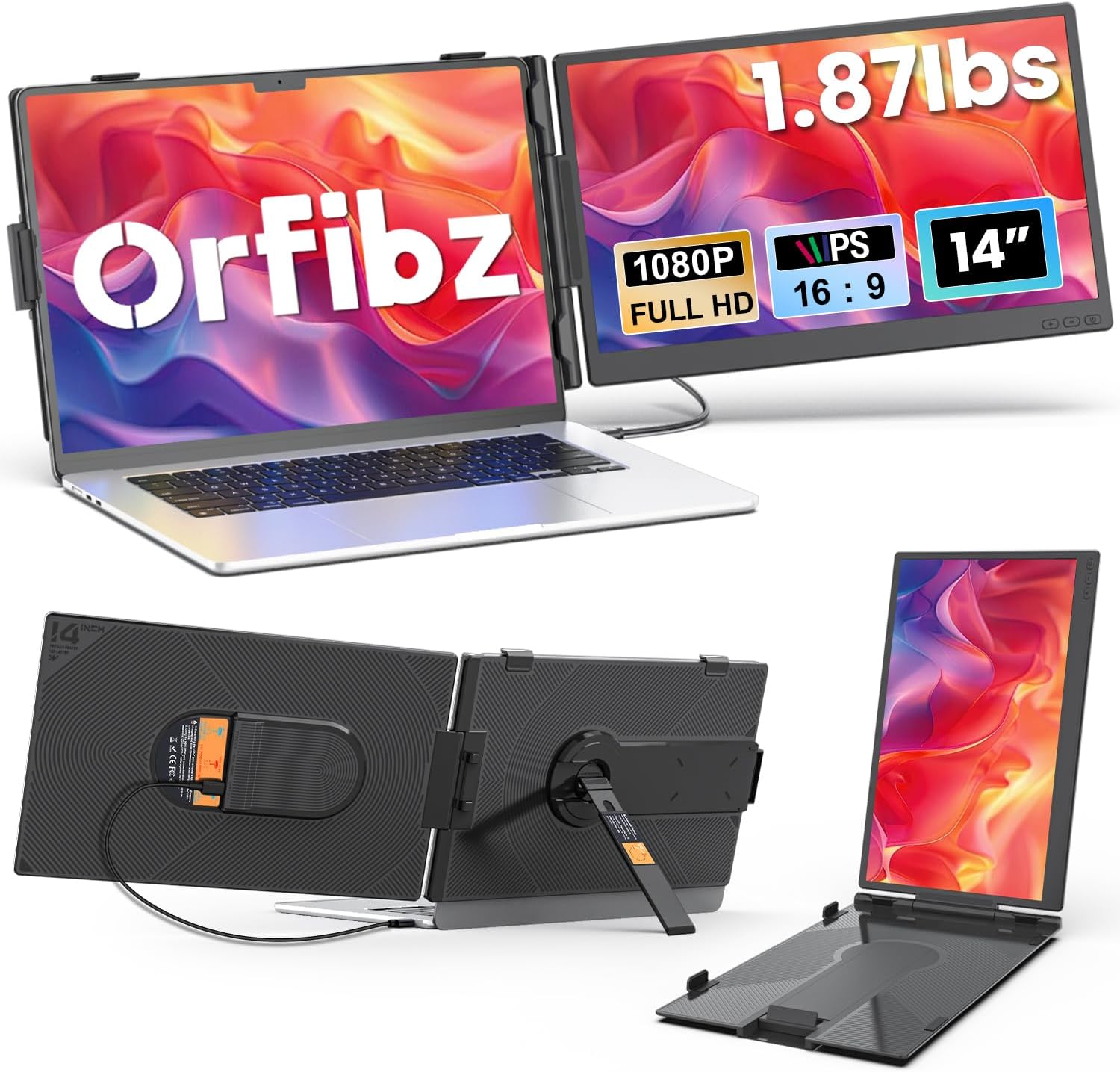Laptop Screen Extender 1.87lbs Ultra-Portable & Ultra Slim, 14.2" FHD 1080P Dual Portable Monitor for 14"-17.3" Laptop, Plug & Play Travel Monitor Extender Compatible with Wins/Mac/Chrome/Android