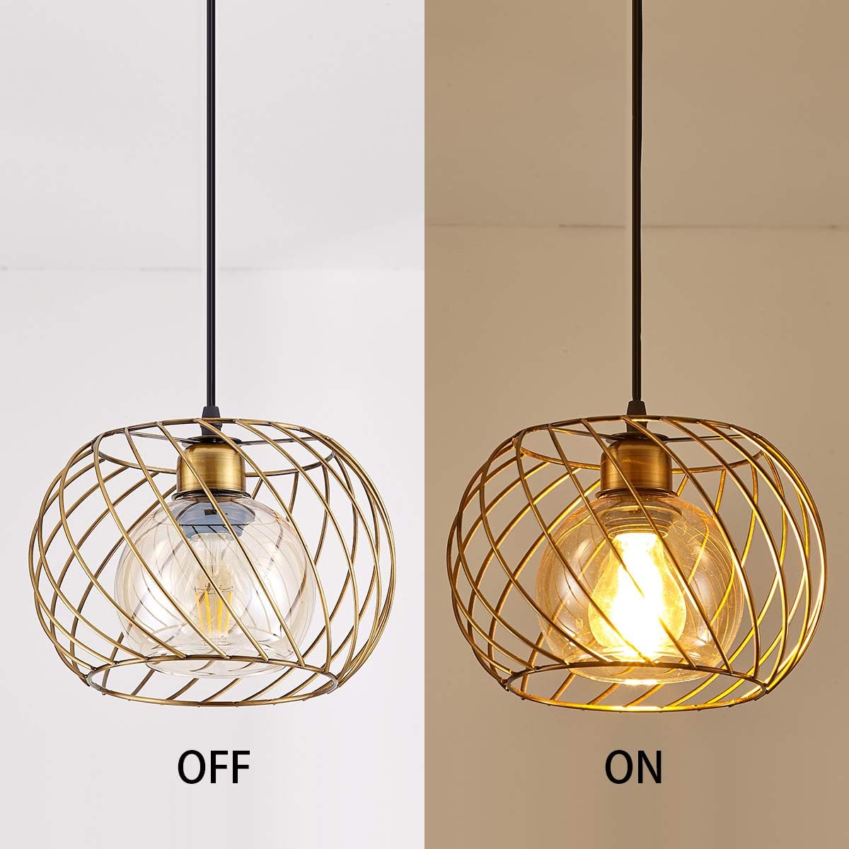 50% Off Discount YLONG-ZS Hanging Lamps Swag Lights Plug in Pendant Light with On/Off Switch Wire Caged Hanging Pendant Lamp,Bronze Finish with Amber Glass Inner Shade