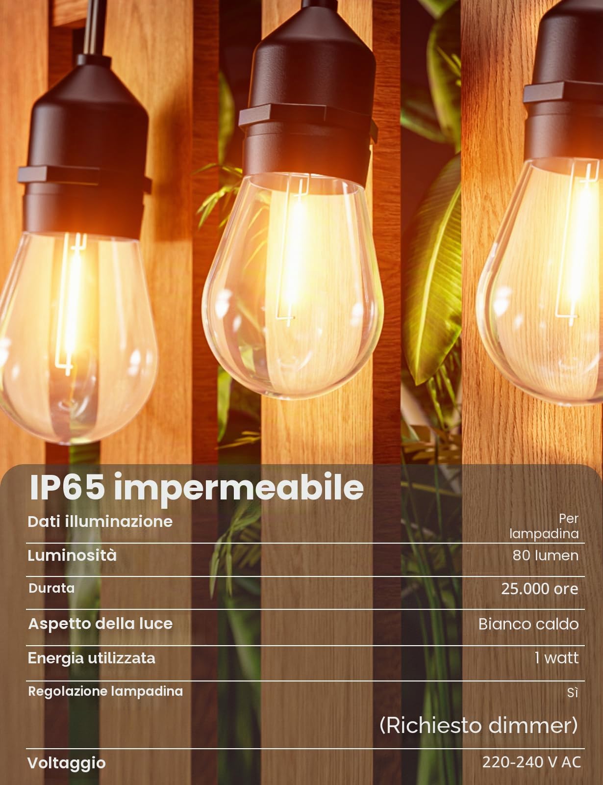 Svater Catena Luminosa Esterno 38m LED 2700K, Luci da Esterno Giardino con E27/S14 1W, IP65 Impermeabile, Collegabile Regolabile (Dimmer Non Incluso) per Balcone Terrazzo Matrimonio Barbecue