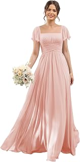 Short Sleeves Chiffon Bridesmaid Dresses Long with Slit Square Neck A-Line Formal Party Dresses with Pockets YO240