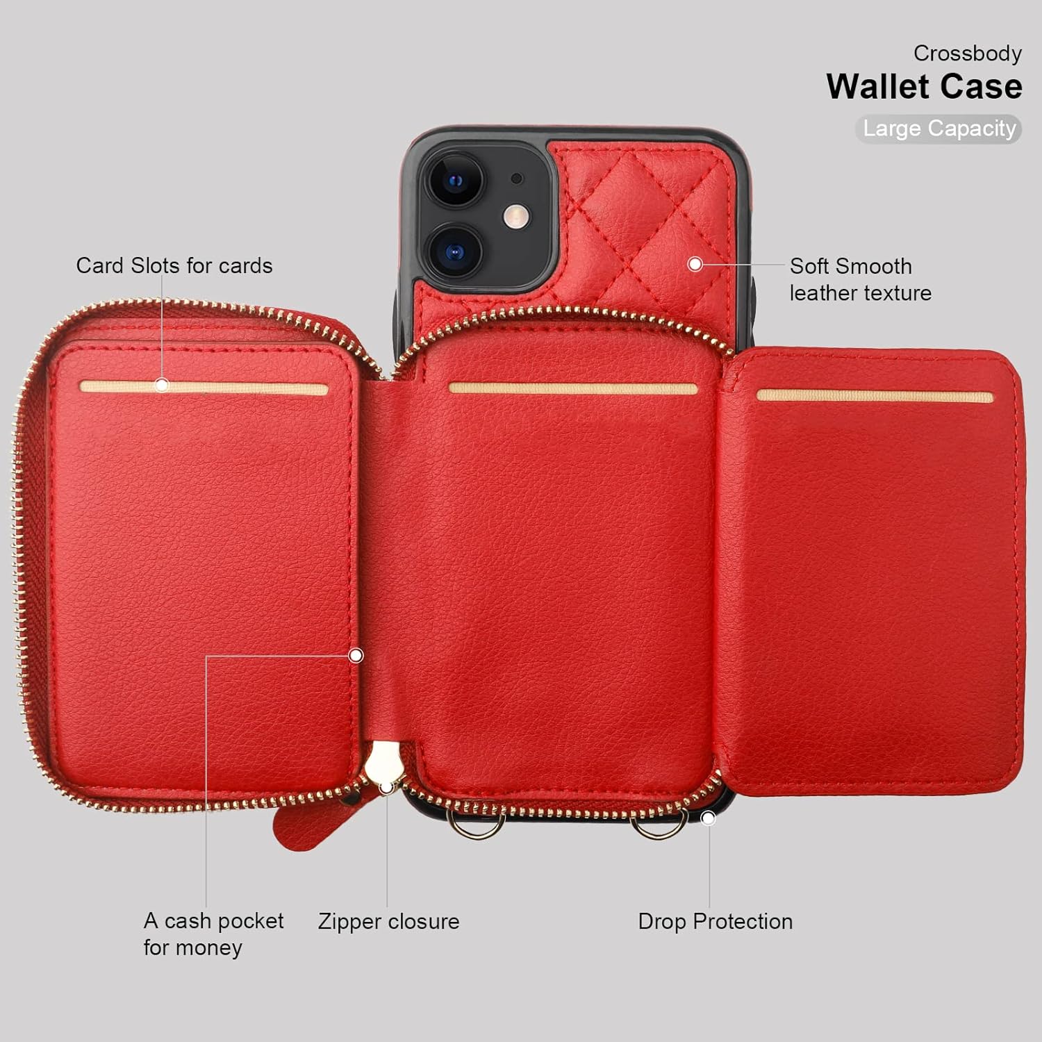 Bocasal Crossbody Wallet Case for iPhone 11, RFID Blocking PU Leather Zipper Handbag Purse Flip Cover, Kickstand Folio Case with Card Slots Holder Wrist Strap Lanyard 6.1 Inch (Red)