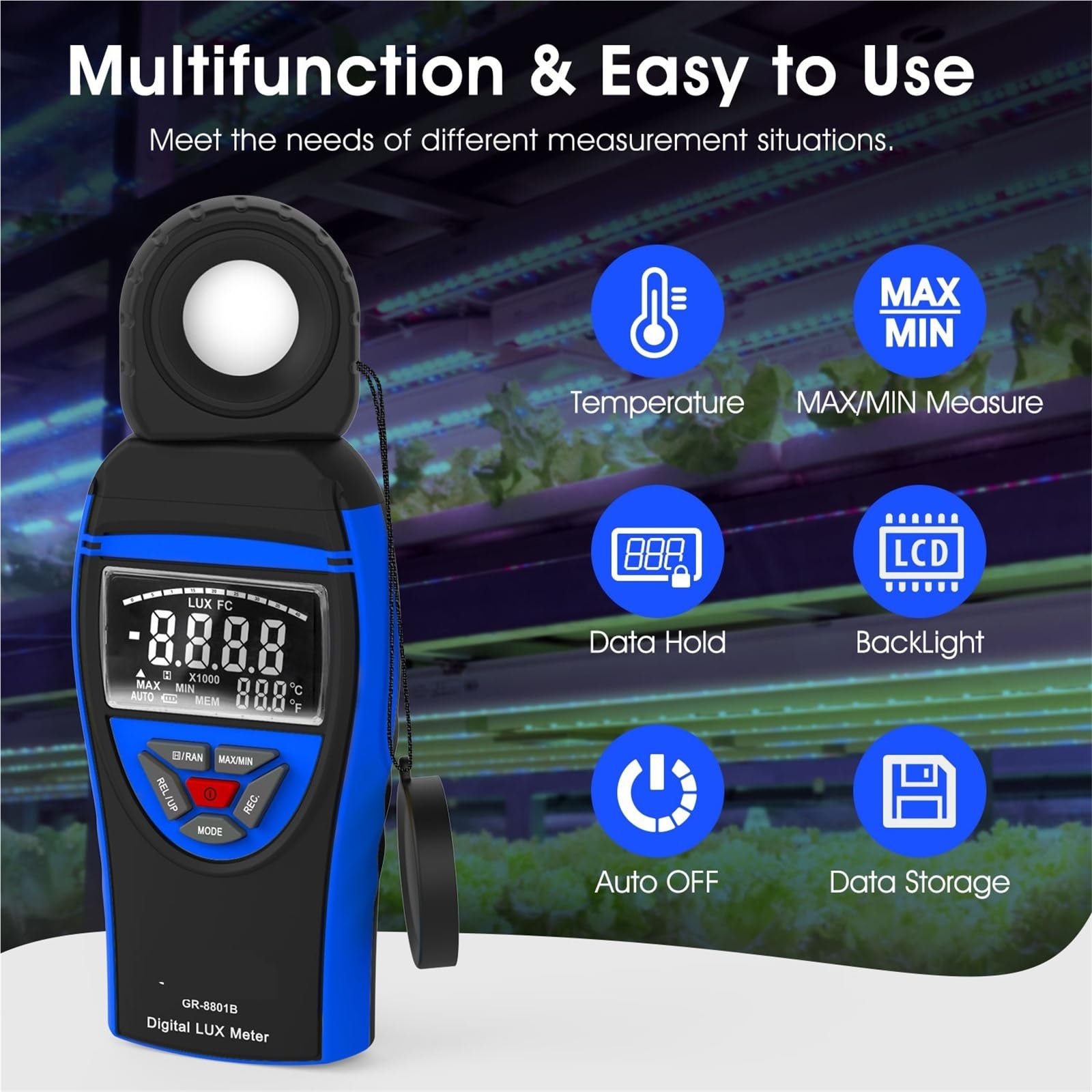 Misuratore di luce, Misuratore di intensità luminosa portatile 8801B: tester con range automatico e display della temperatura retroilluminato for fotografi ed elettricisti