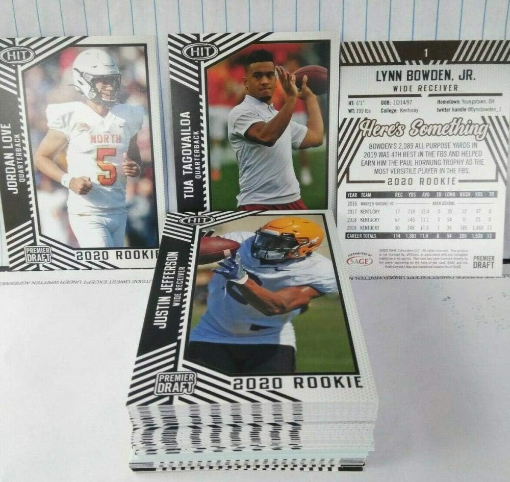 2020 SAGE HIT Premier Draft Complete NCAA Hand Collated Football Set of 50 Cards - Includes multiple cards of some of the top prospects in the 2020 NFL Draft. The 2020 NFL Draft could go down as one of the best in NFL history. Includes players like Joe Burrow, Tua Tagovailoa, James Morgan, Lynn Bowden Jr., Jonathan Taylor, Akeem Davis-Gaither, Bryan Edwards, Cam Akers, Carter Stanley, Ceedee Lamb, D'andre Swift, Davon Hamilton, Harrison Bryant, Jerry Jeud, John Hightower and Jordan Love