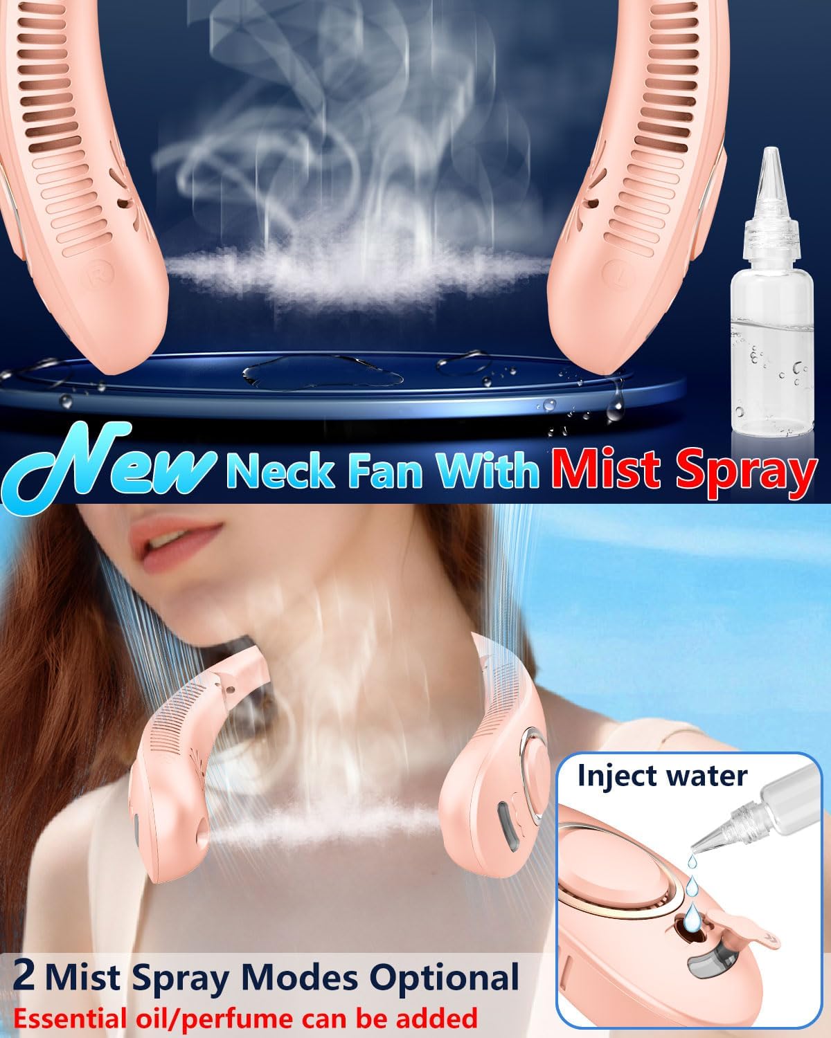 Neck Fan with Water Mist Spray,Misting Cooling Personal Fans for Your Neck Go Around that Blow Cold Air,Foldaway Hands Free Devices Mister Fan,Best Gifts for Mother's Day Father's Day Birthday