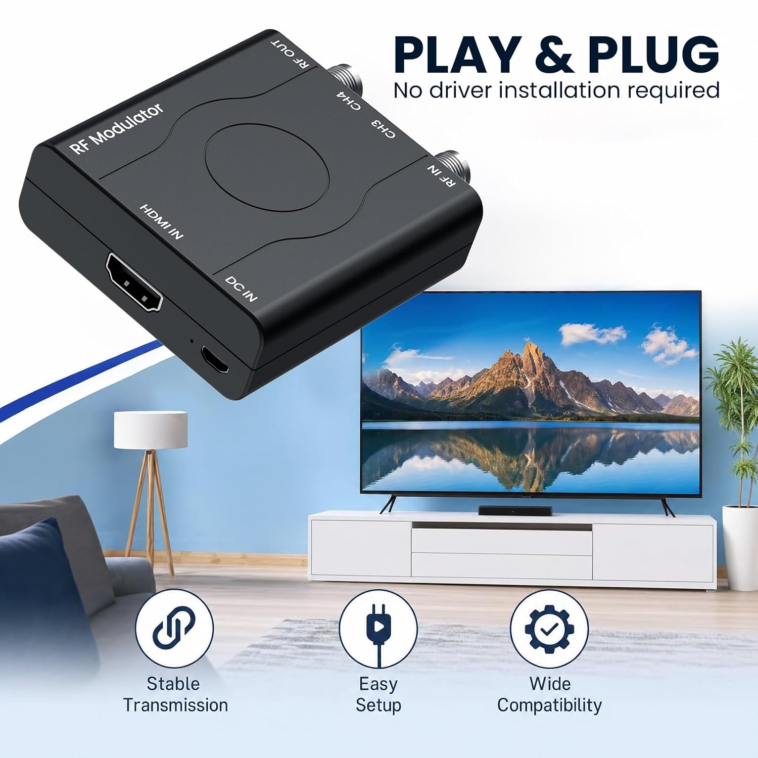 HDMI to RF Modulator Coaxial Adapter with 4ft HDMI Cable & Power Adapter, 1080P Input to Coax Out Converter Box, Switchable NTSC CH3/CH4 for Older CRT TV & Gaming Consoles