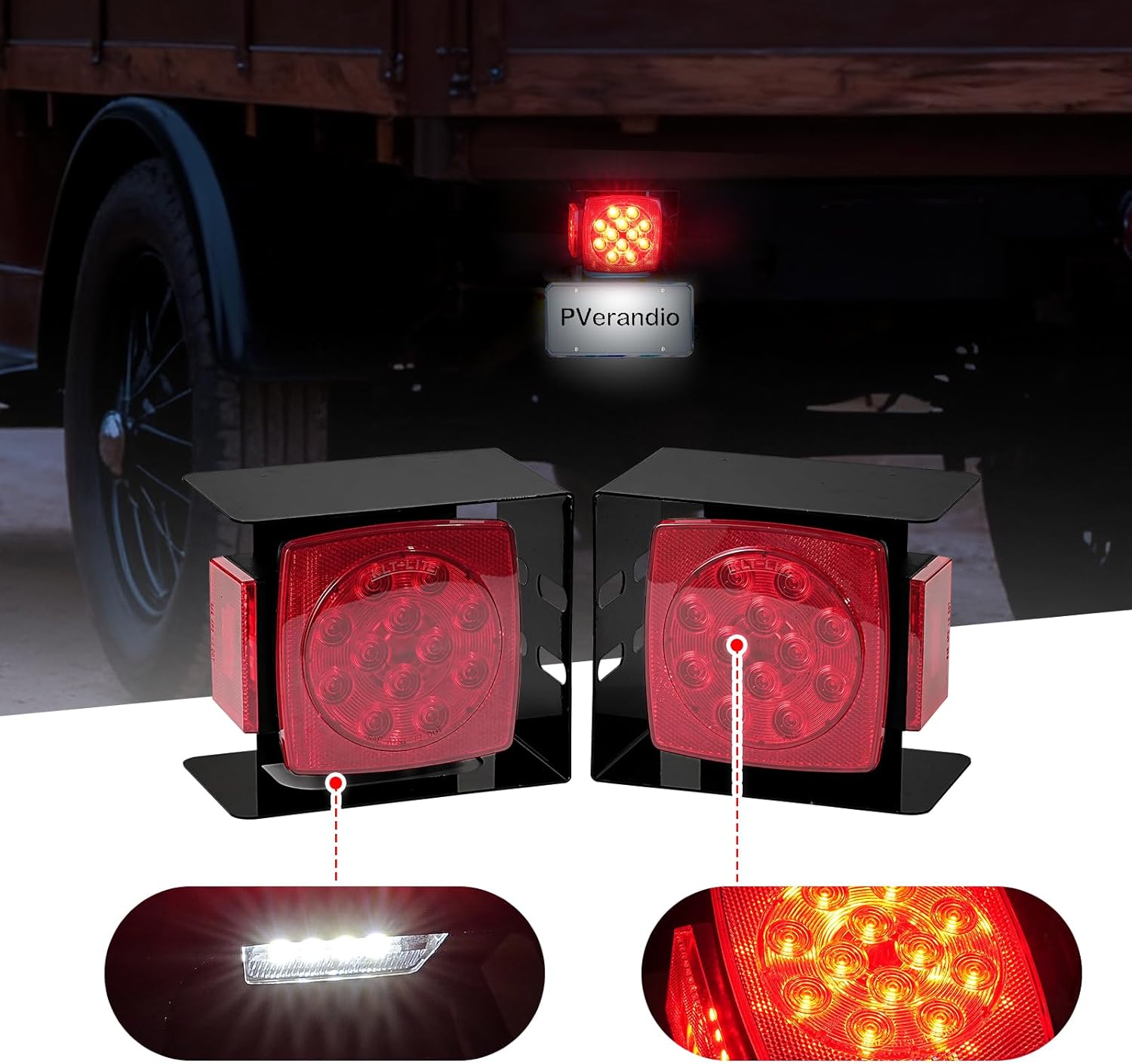 2pcs Submersible Square LED Trailer Light Kit 12V Red LED Stop Turn Tail Running Light w/Steel Mounting Boxes License Plate Bracket for Under 80" Trailer Boat Truck, IP68 DOT Approved