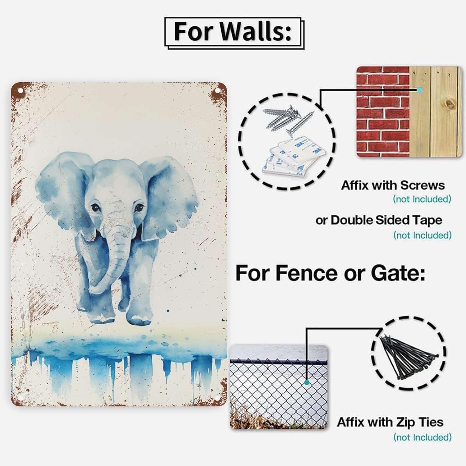 Aluminum Wall Art Decoration Tin Sign Blue Elephant Kids Room Metal Tin Sign Animal Art Wall Sign Nursery Children Art Wall Sign Baby Boy Shower Watercolor Decor Bathroom Garden 12.00"x16.00"