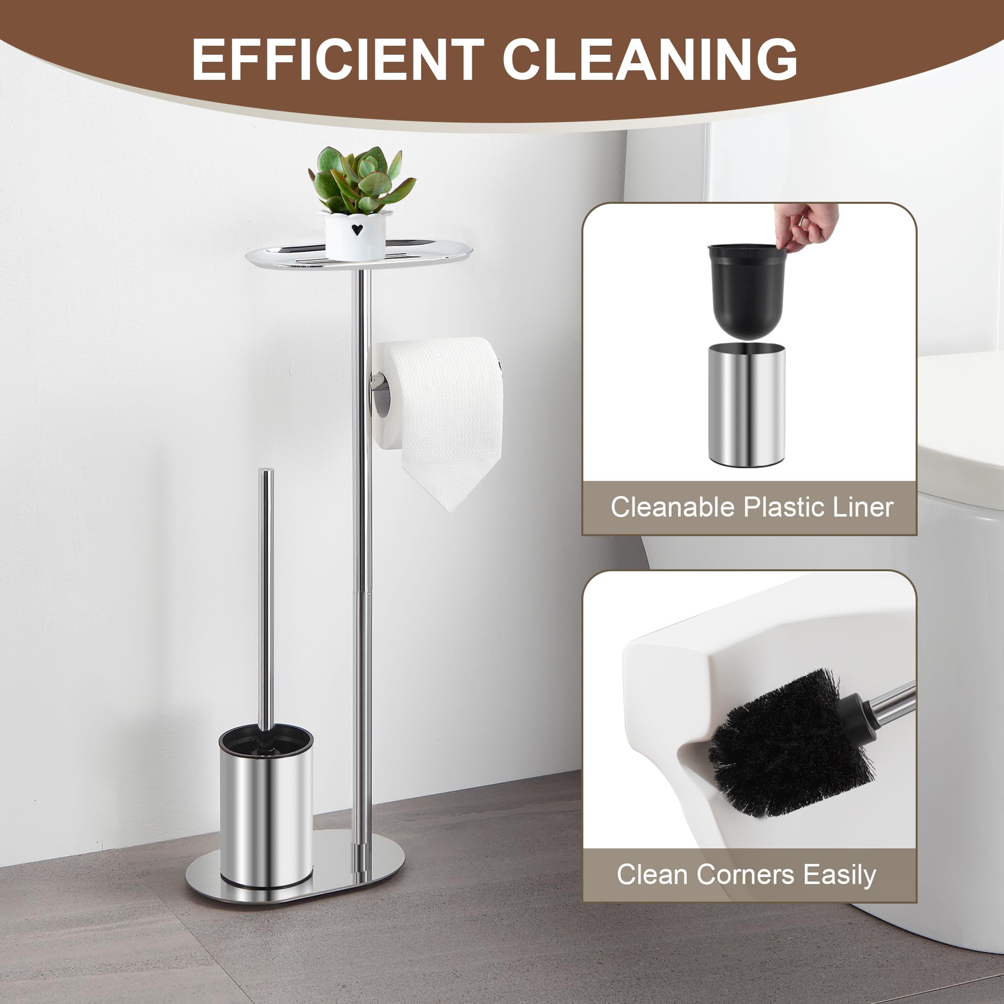Set Scopino WC 3 In 1 Autoportante Con Porta Carta E Ripiano – Acciaio Inox Nichel Spazzolato, Design Moderno Per Bagno