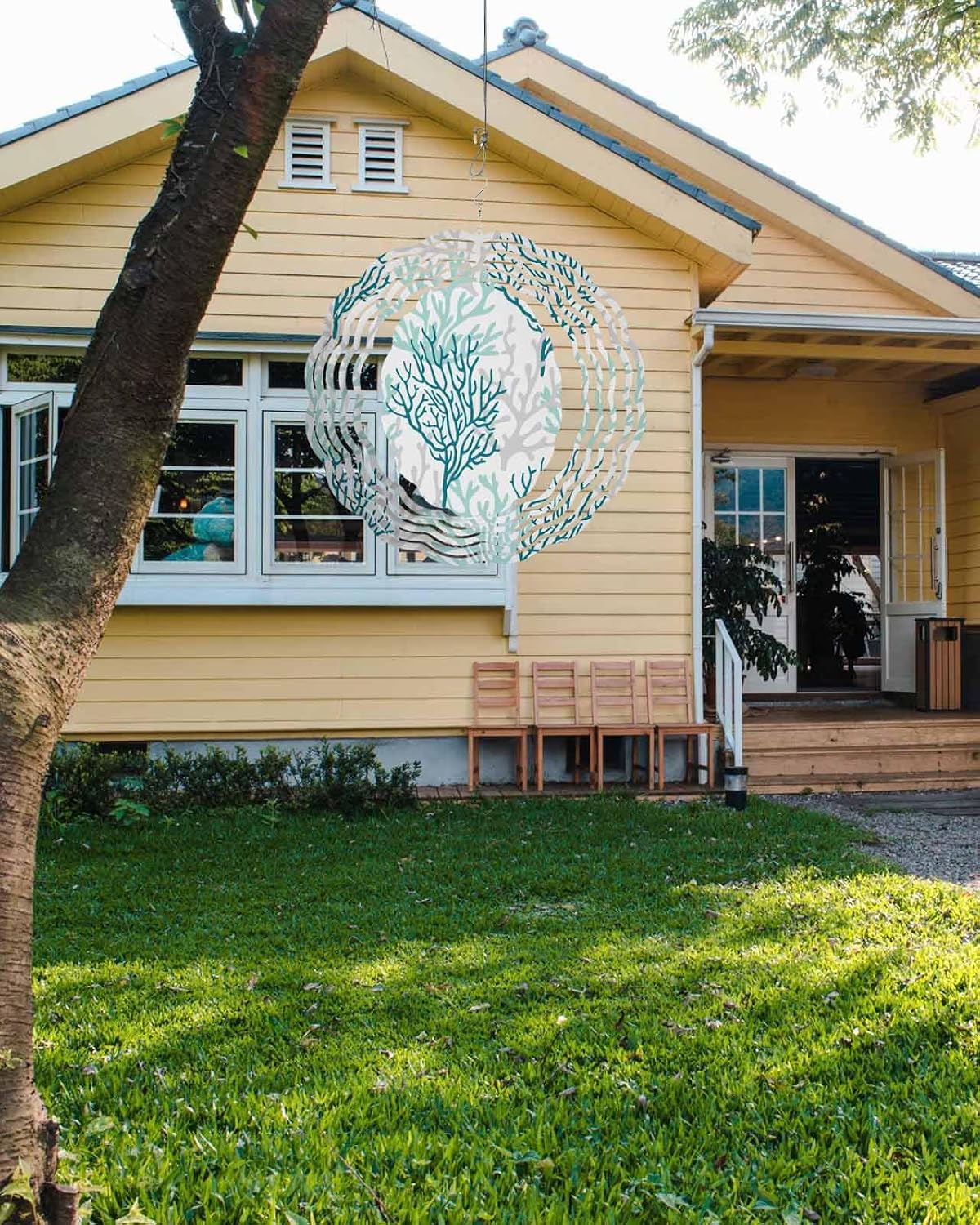 Outdoor Wind Spinner Blanks, Summer Coastal Corals Gradient Grey Turquoise,Wind Sculptures 3D Visual Round Decoration for Garden,Front Door, 12 Inch
