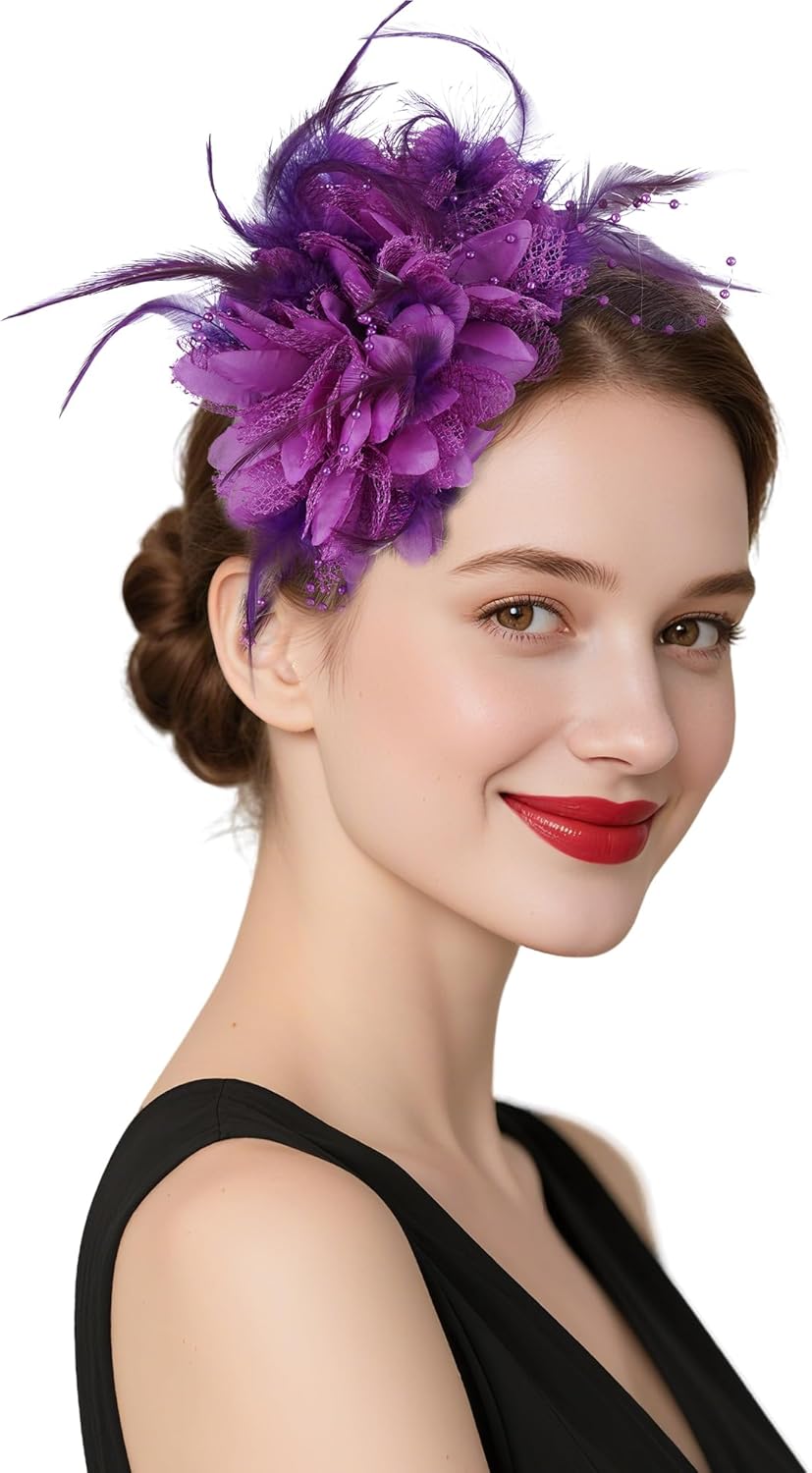 Womens Fascinators Hats Tea Party Hats for Women, Feather Pearl Veil Headband for Wedding Cocktail Dresses Accessories - Image 2